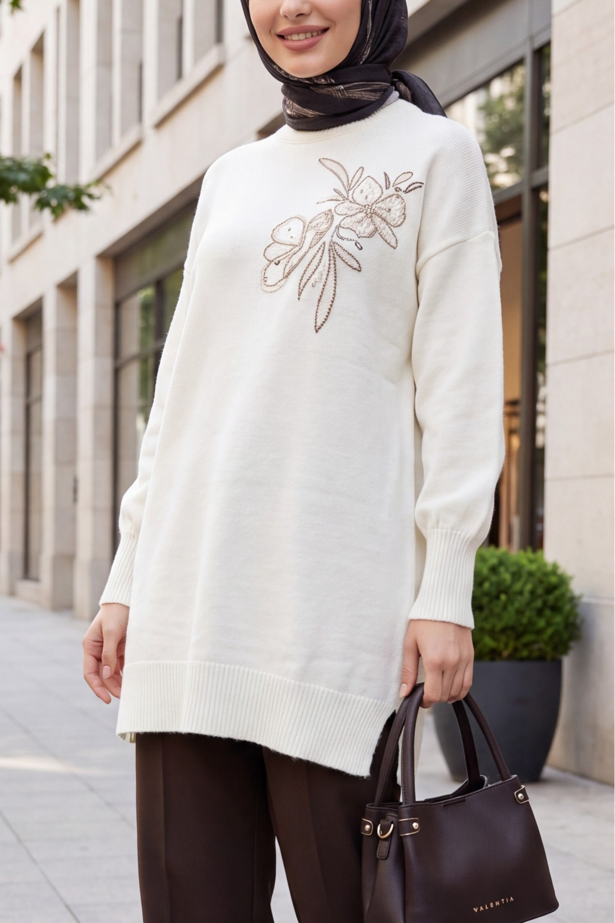 Crew Neck Knit Tunic with Slit and Bead & Sequin Details -Ecru
