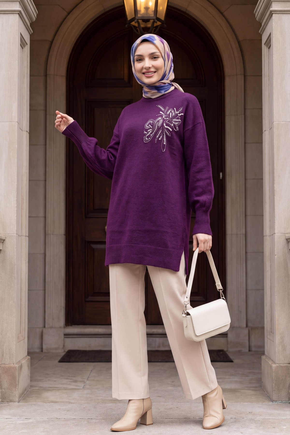 Crew Neck Knit Tunic with Slit and Bead & Sequin Details - Purple