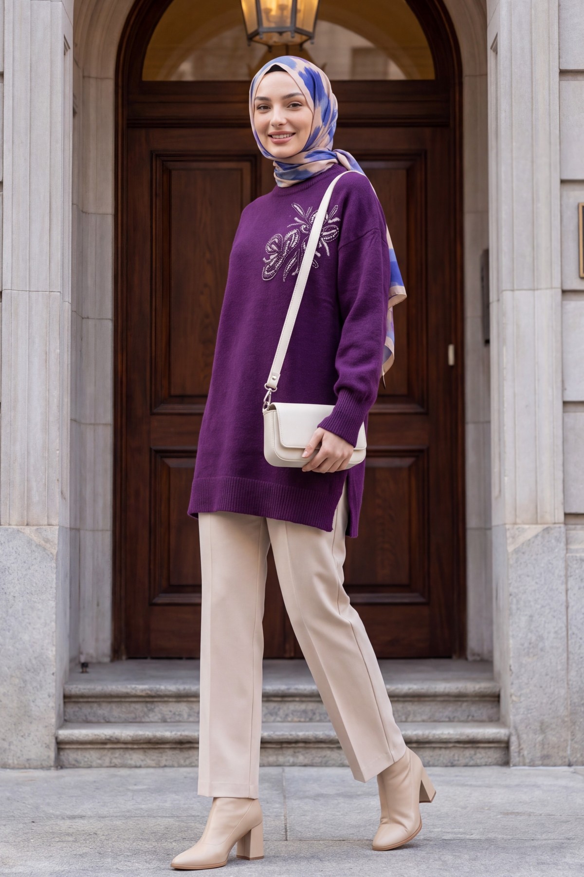 Crew Neck Knit Tunic with Slit and Bead & Sequin Details - Purple