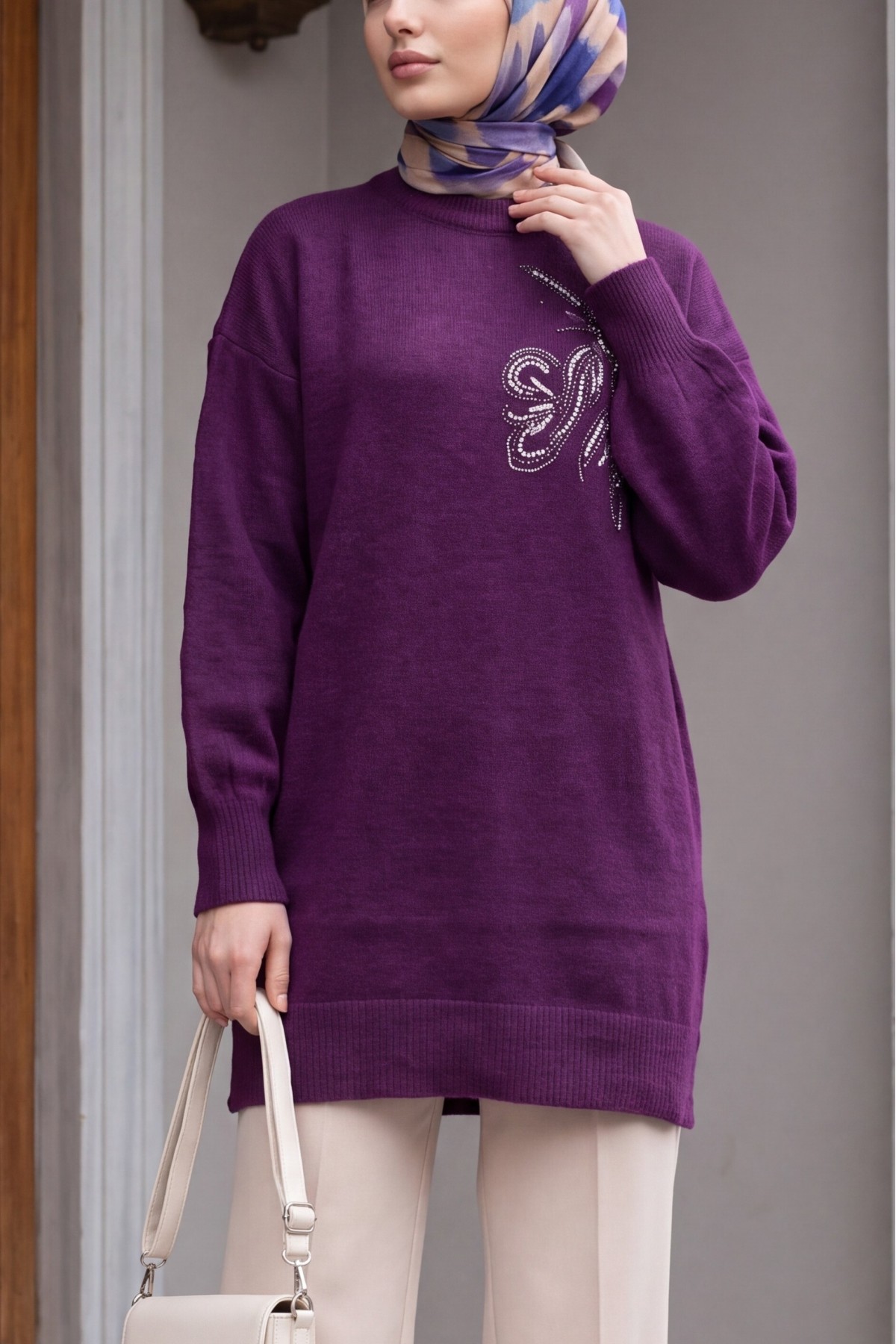 Crew Neck Knit Tunic with Slit and Bead & Sequin Details - Purple