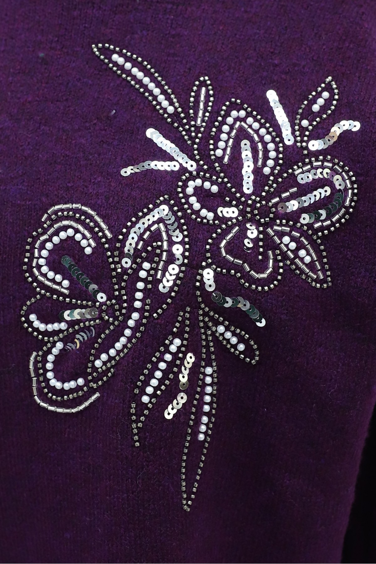 Crew Neck Knit Tunic with Slit and Bead & Sequin Details - Purple