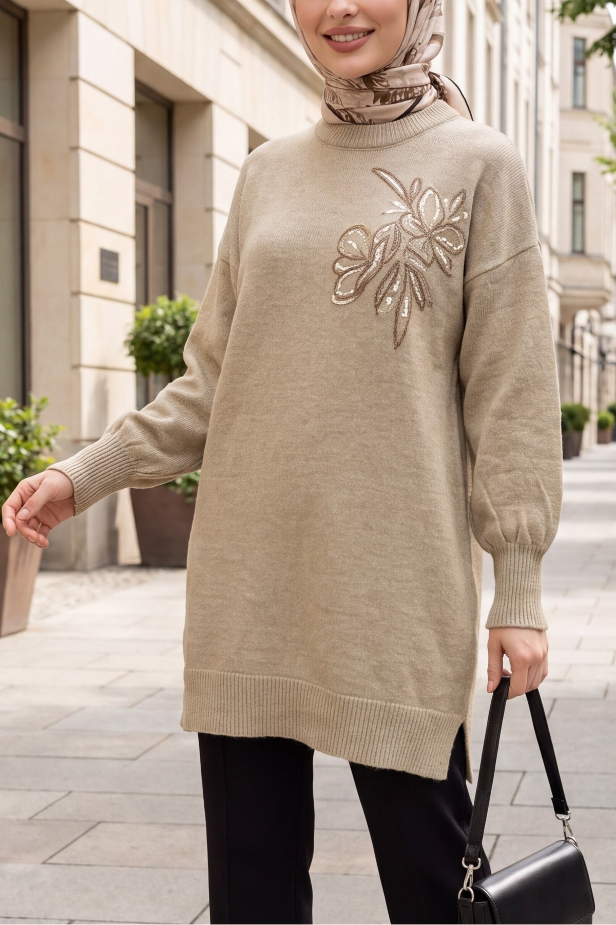 Crew Neck Knit Tunic with Slit and Bead & Sequin Details -Light Mink