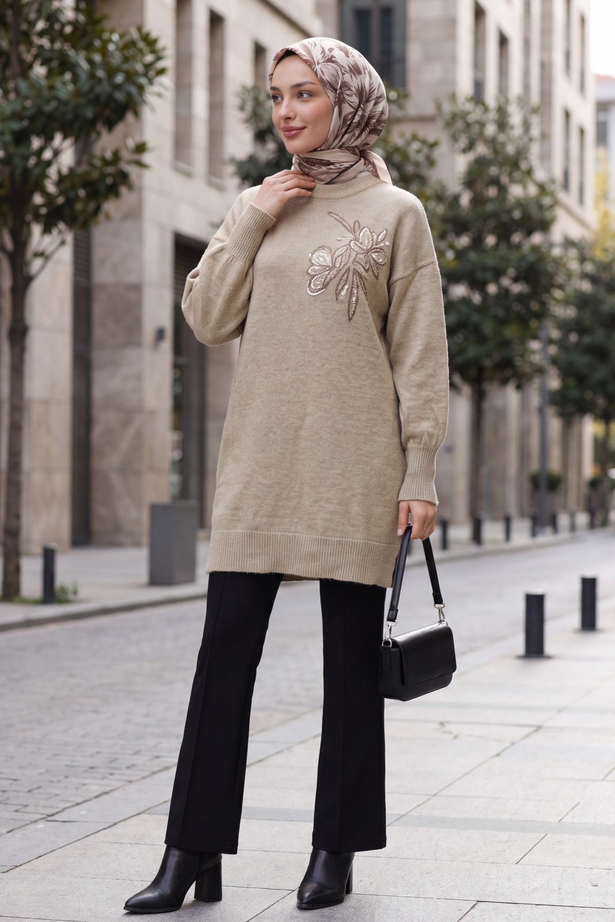 Crew Neck Knit Tunic with Slit and Bead & Sequin Details -Light Mink