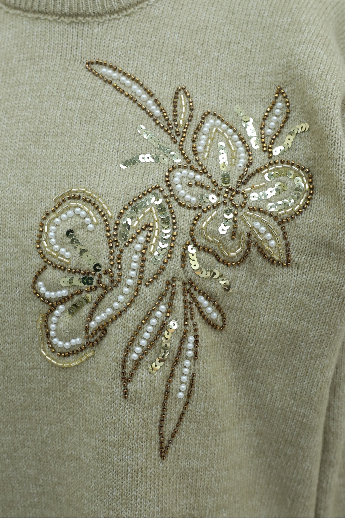 Crew Neck Knit Tunic with Slit and Bead & Sequin Details -Light Mink