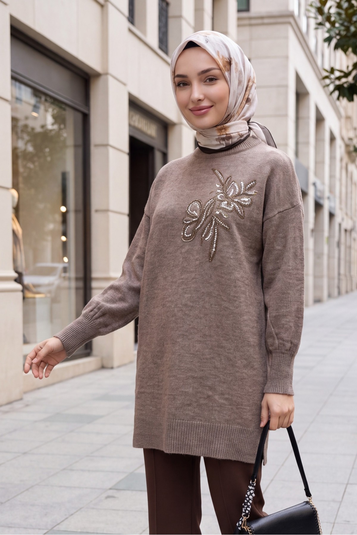 Crew Neck Knit Tunic with Slit and Bead & Sequin Details - Soil