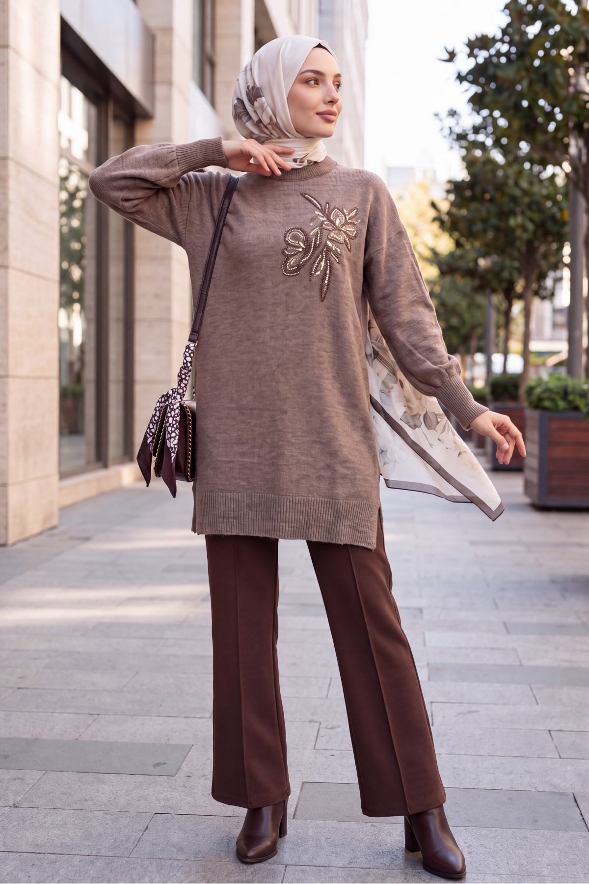 Crew Neck Knit Tunic with Slit and Bead & Sequin Details - Soil
