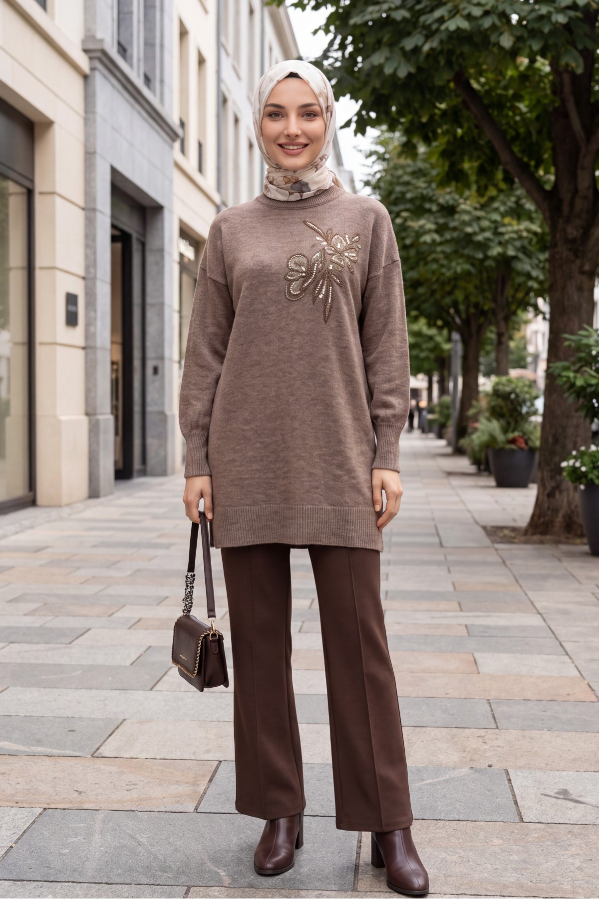 Crew Neck Knit Tunic with Slit and Bead & Sequin Details - Soil
