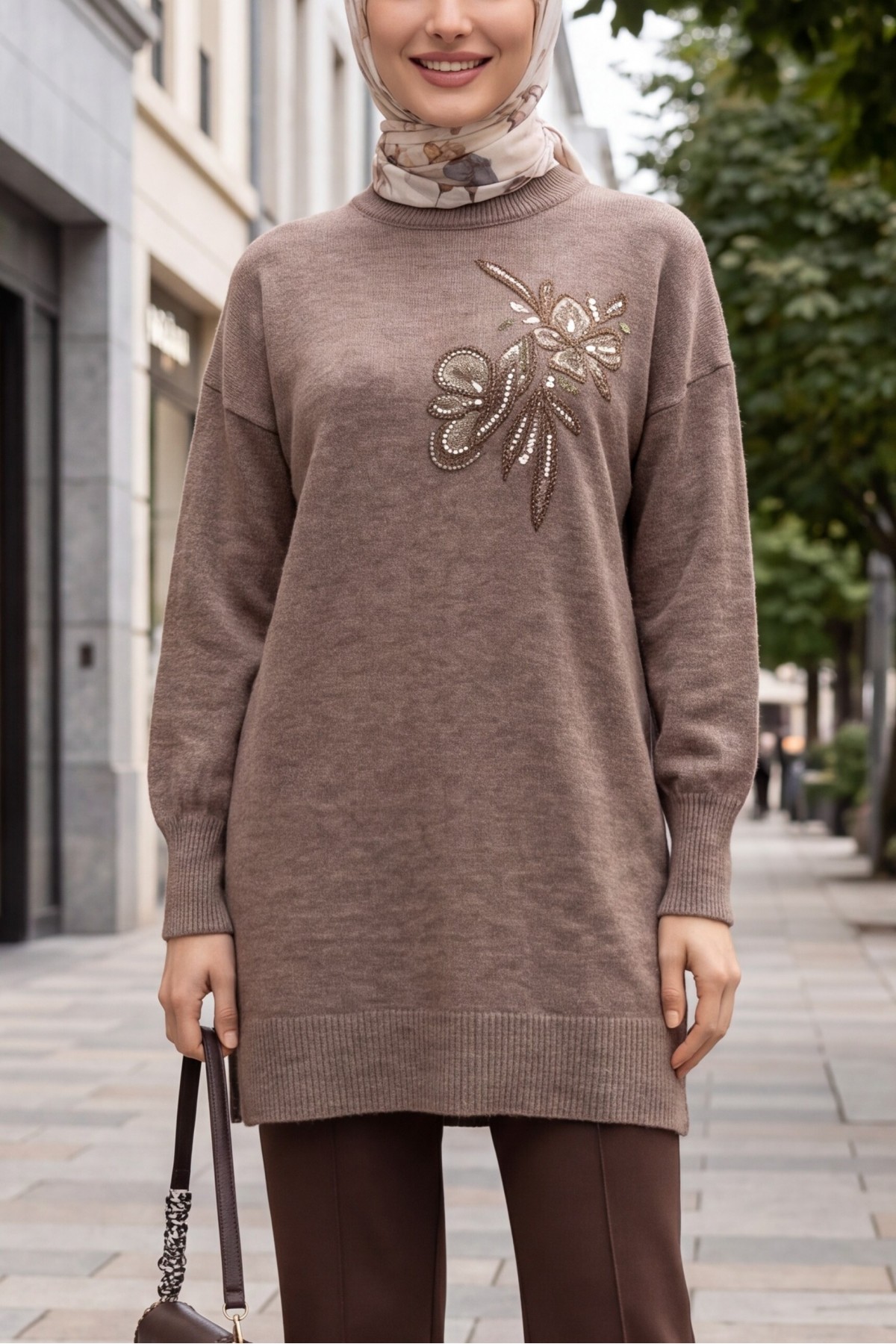 Crew Neck Knit Tunic with Slit and Bead & Sequin Details - Soil