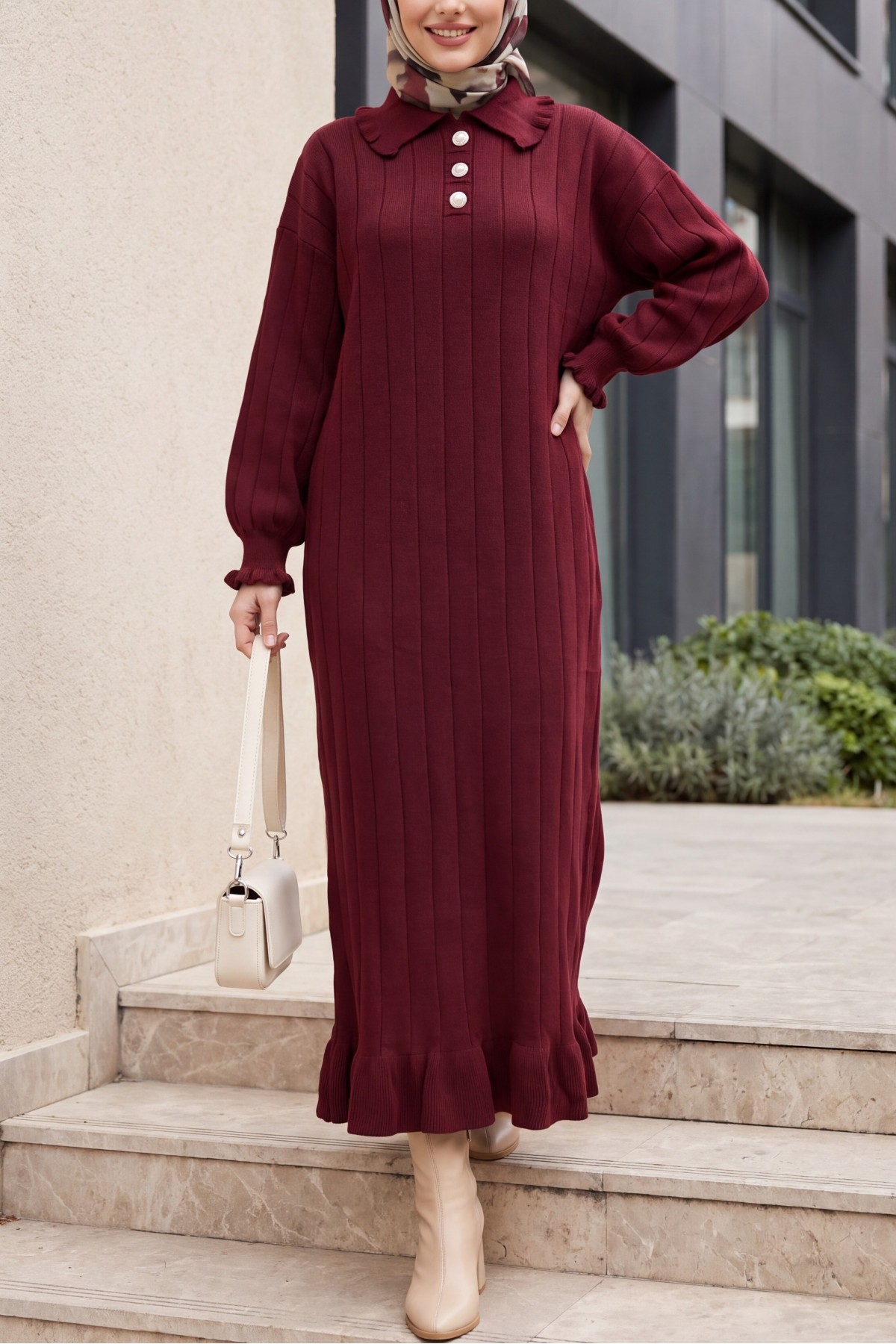Button-Detail Knit Dress with Ruffles at the Collar and Hem -Maroon