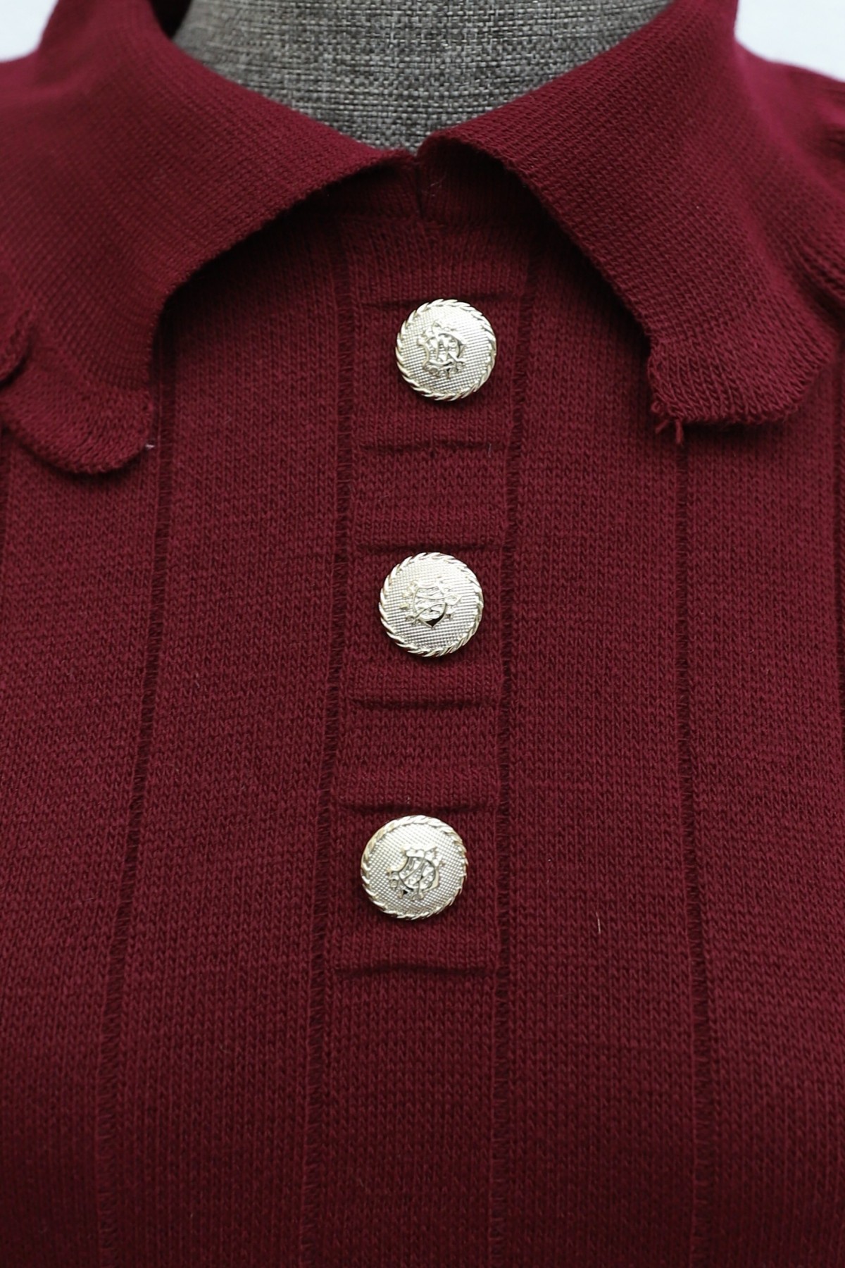 Button-Detail Knit Dress with Ruffles at the Collar and Hem -Maroon