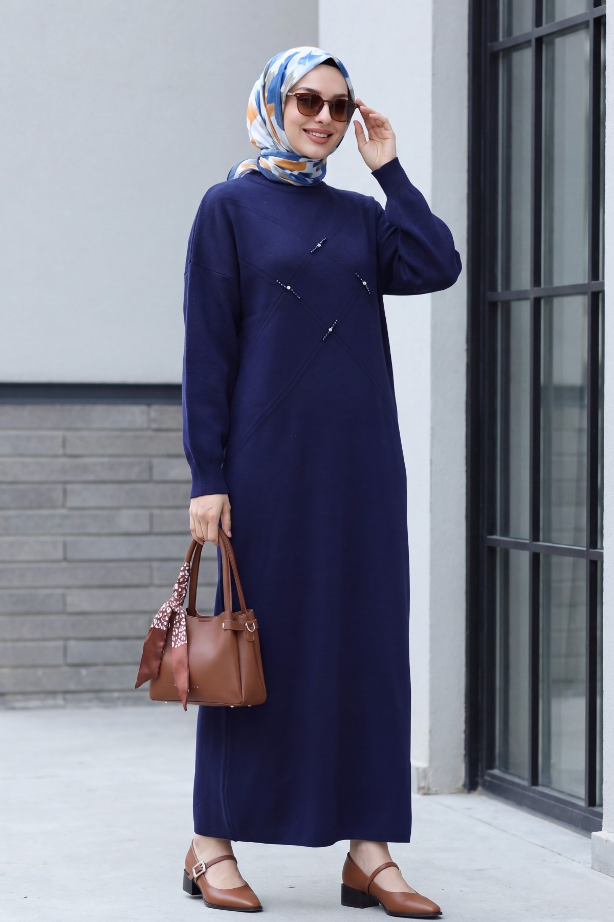 Patterned Knit Dress with Stone and Bead Detailing on the Front -Navy blue