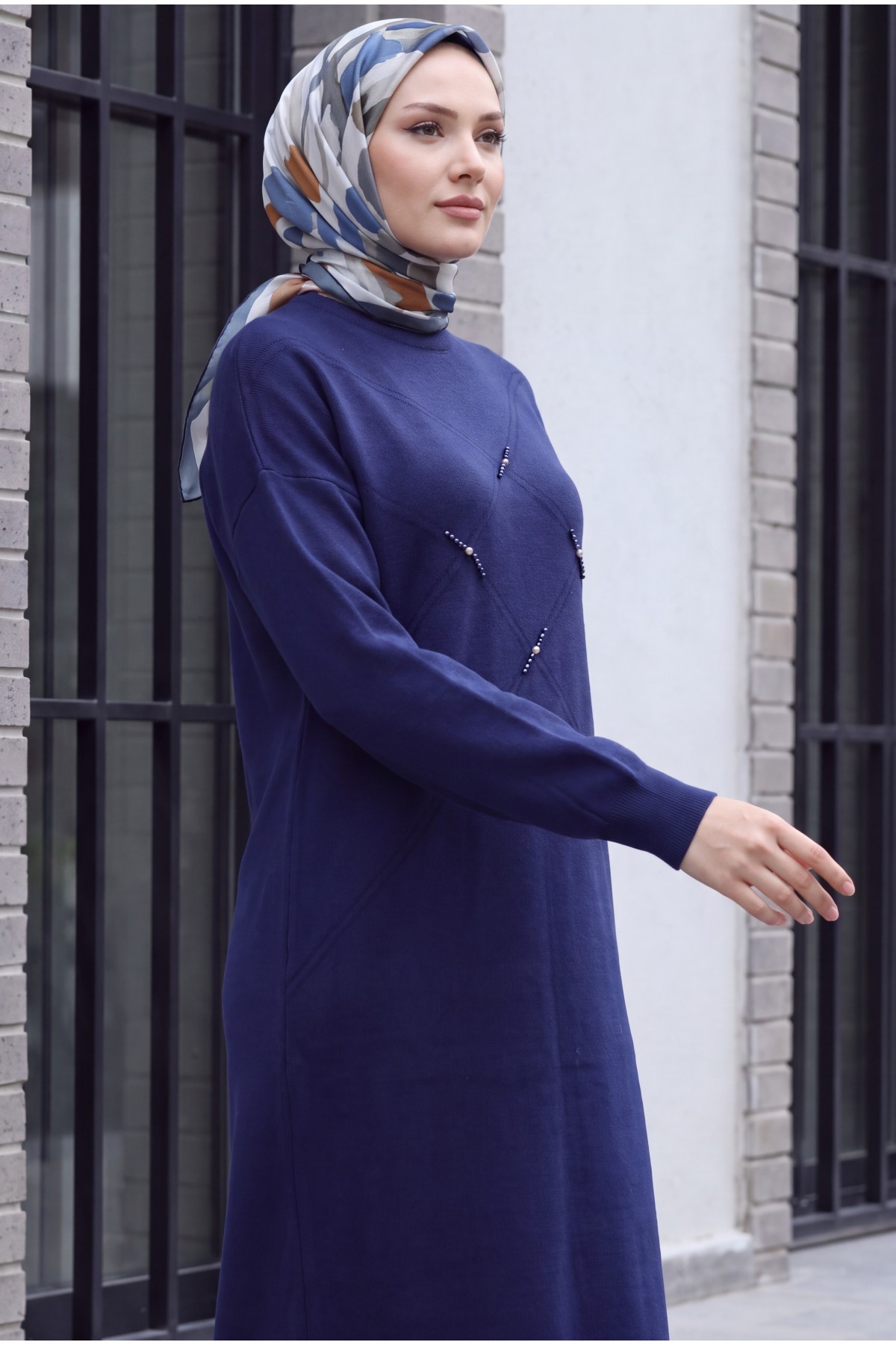 Patterned Knit Dress with Stone and Bead Detailing on the Front -Navy blue