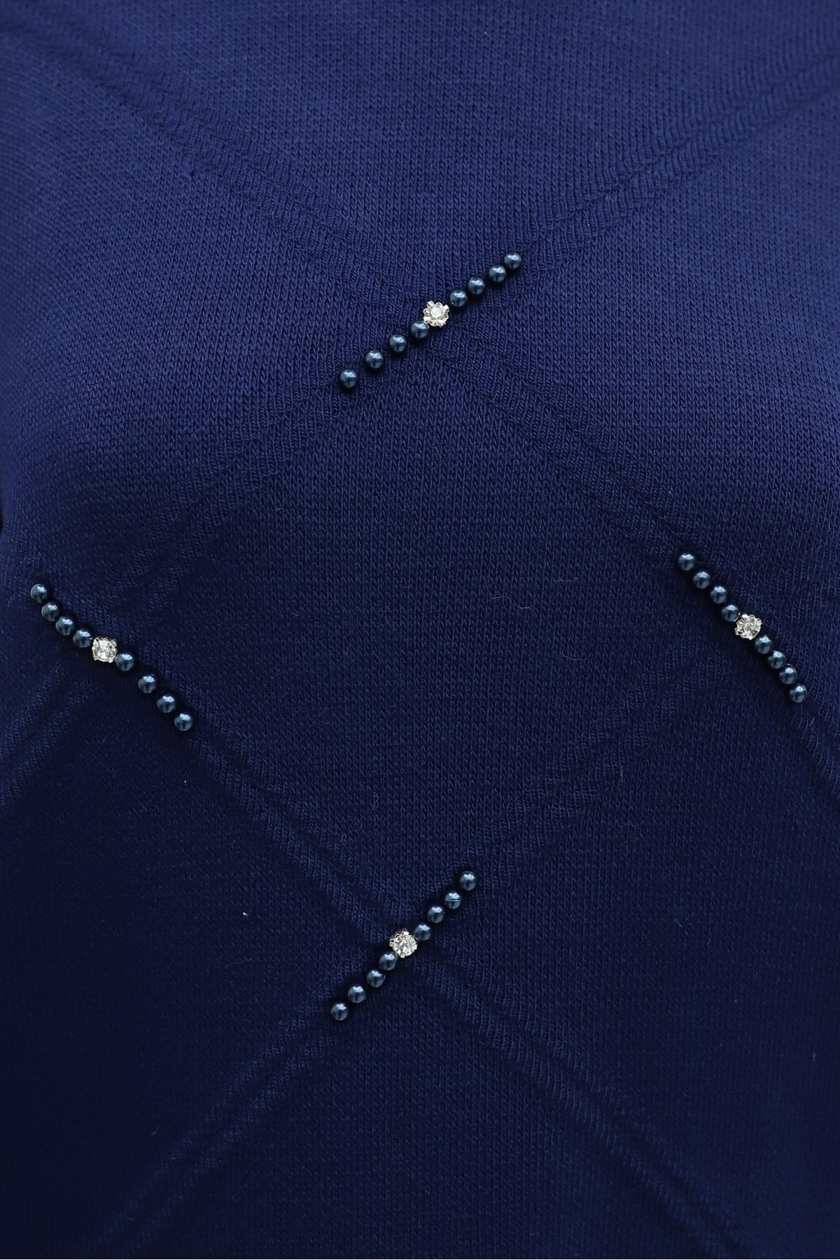 Patterned Knit Dress with Stone and Bead Detailing on the Front -Navy blue