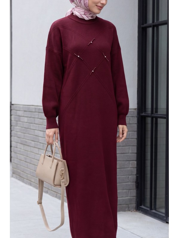 Patterned Knit Dress with Stone and Bead Detailing on the Front -Maroon