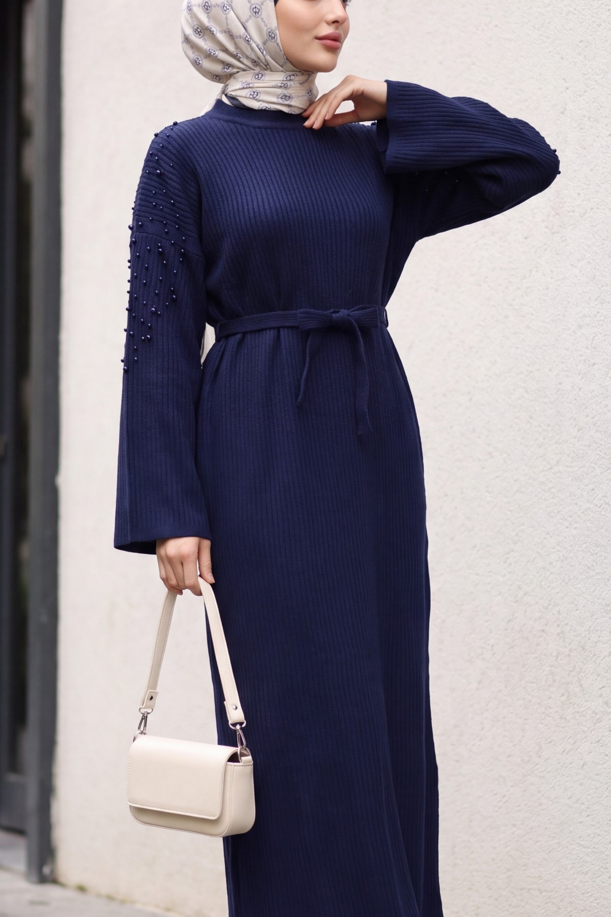 Ribbed Knit Dress with Belt and Scattered Pearls on the Front -Navy blue