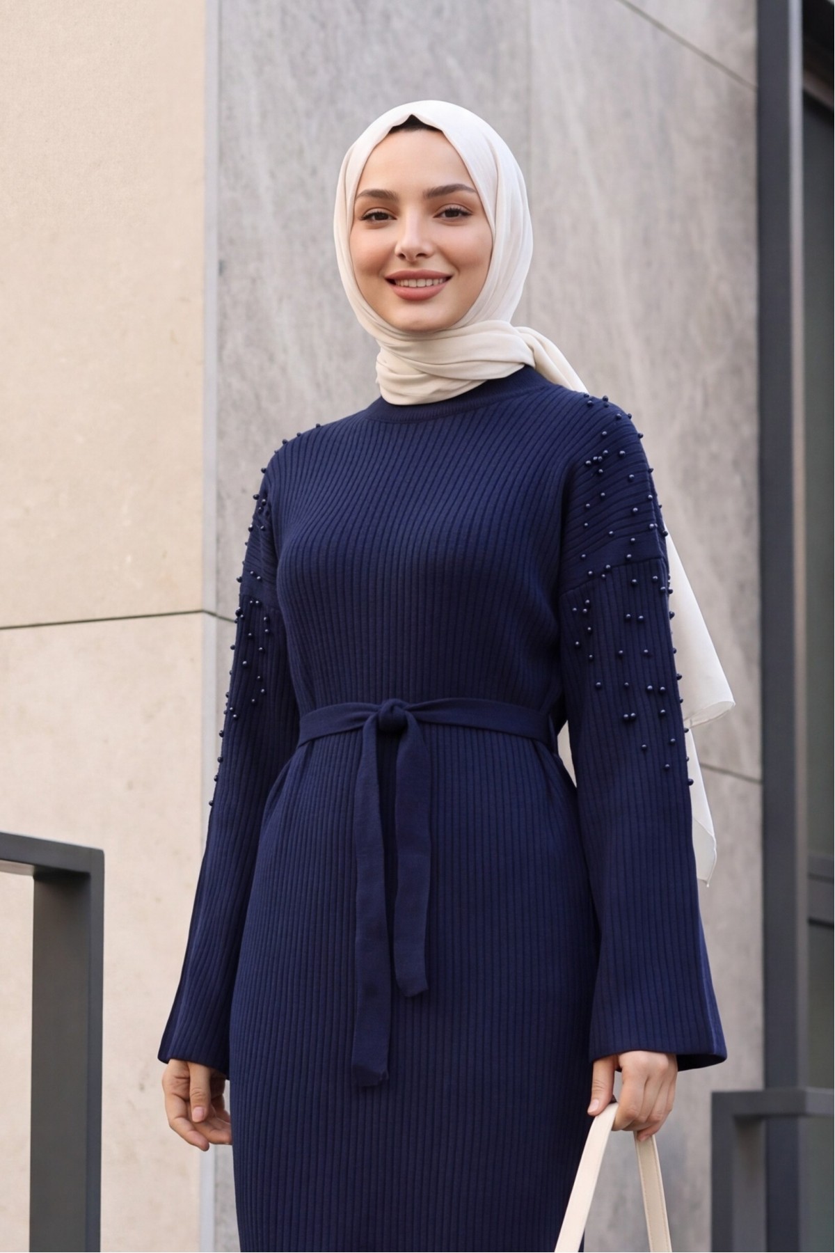 Ribbed Knit Dress with Belt and Scattered Pearls on the Front -Navy blue