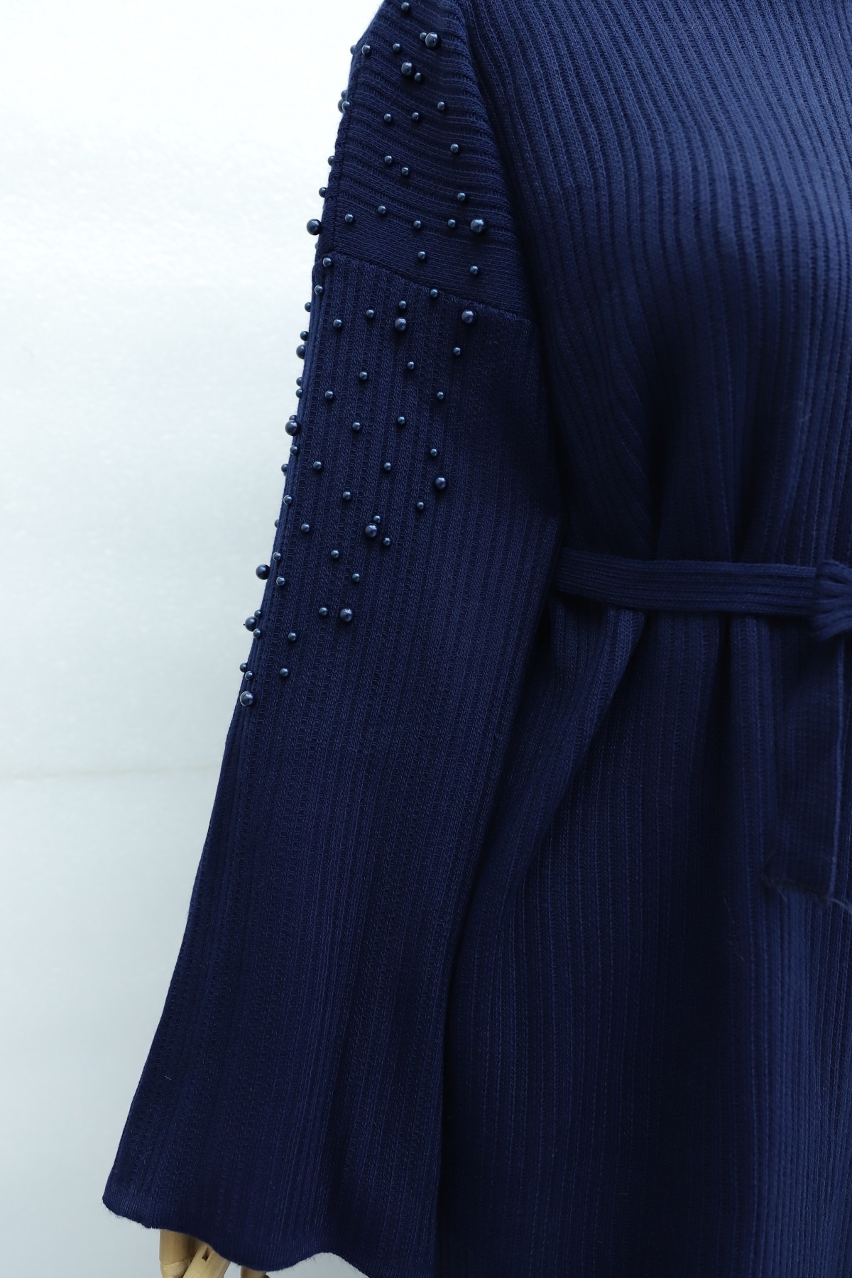 Ribbed Knit Dress with Belt and Scattered Pearls on the Front -Navy blue