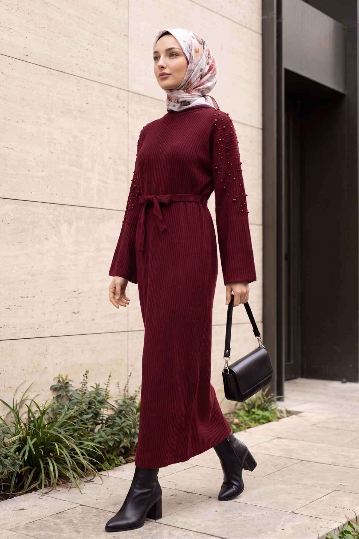 Ribbed Knit Dress with Belt and Scattered Pearls on the Front -Maroon