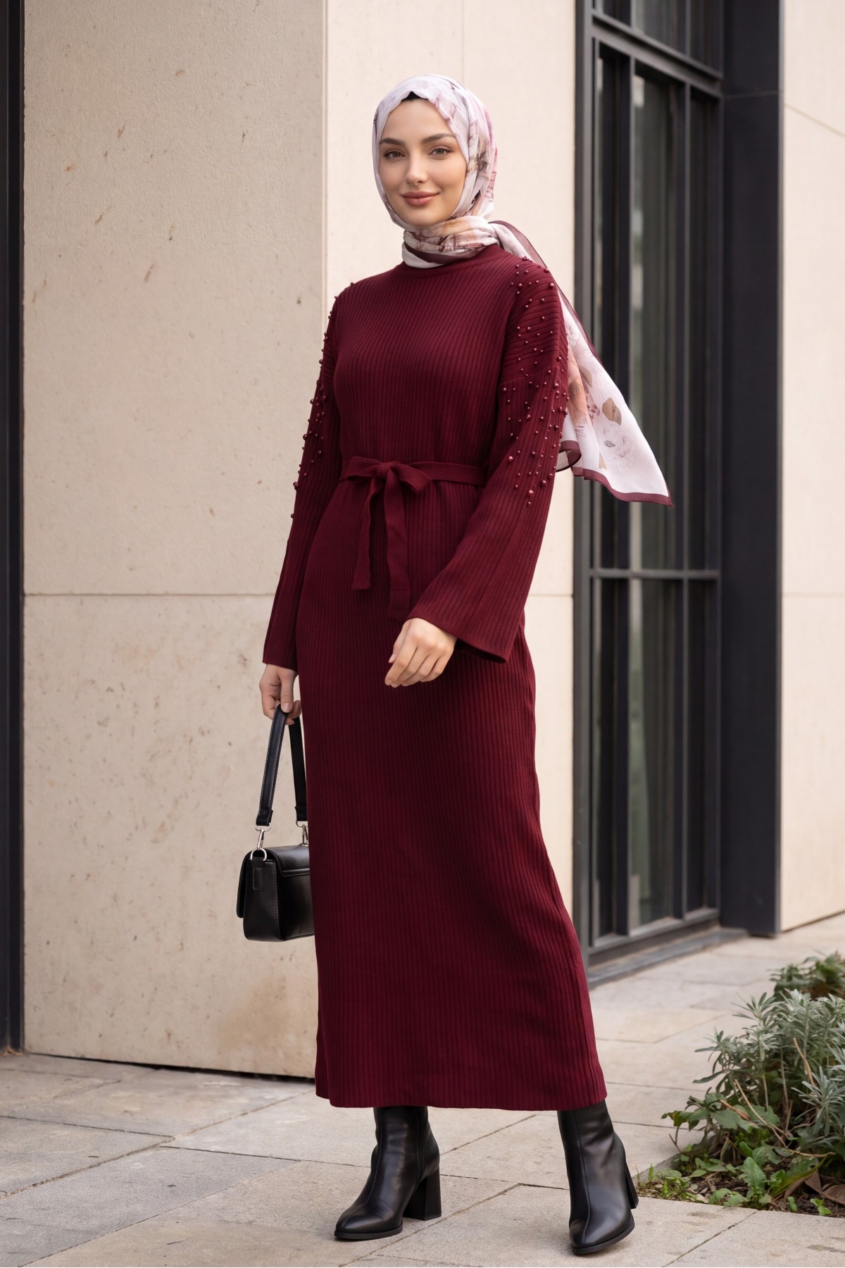 Ribbed Knit Dress with Belt and Scattered Pearls on the Front -Maroon