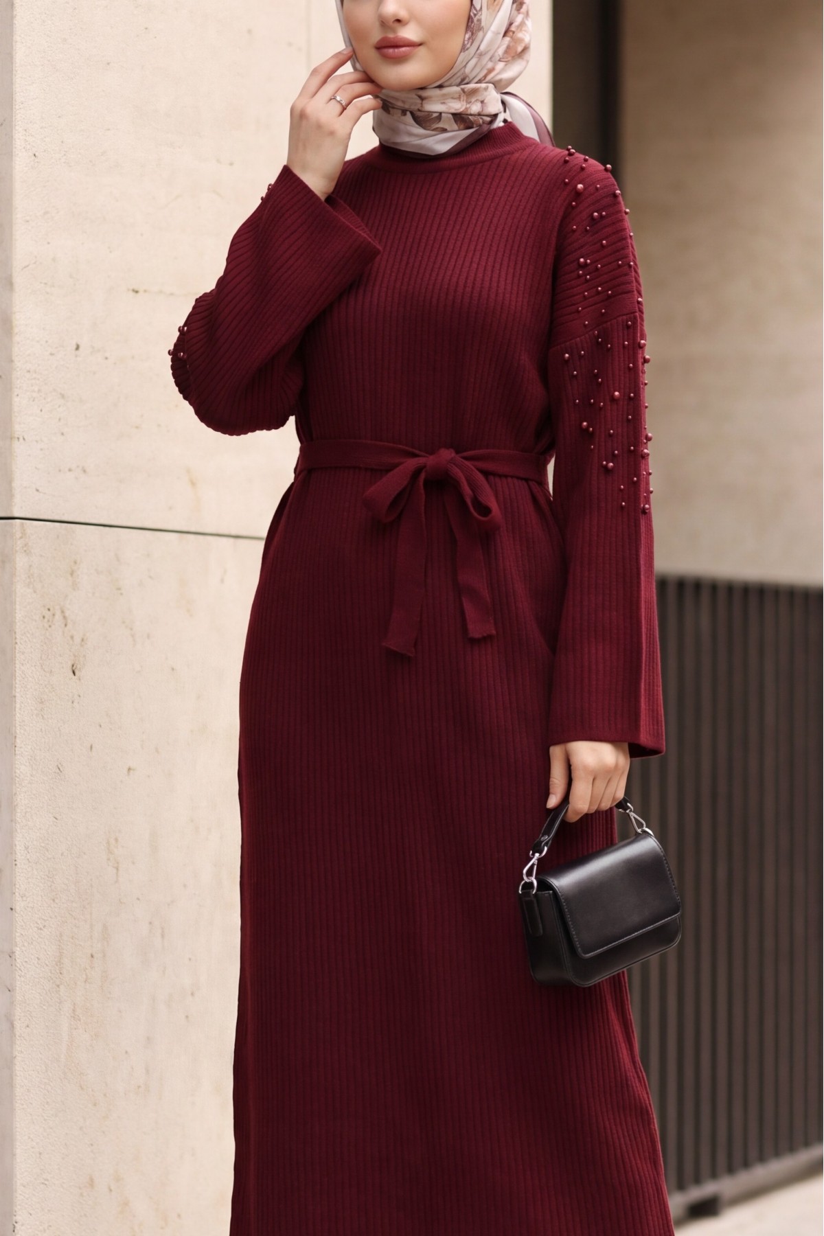Ribbed Knit Dress with Belt and Scattered Pearls on the Front -Maroon