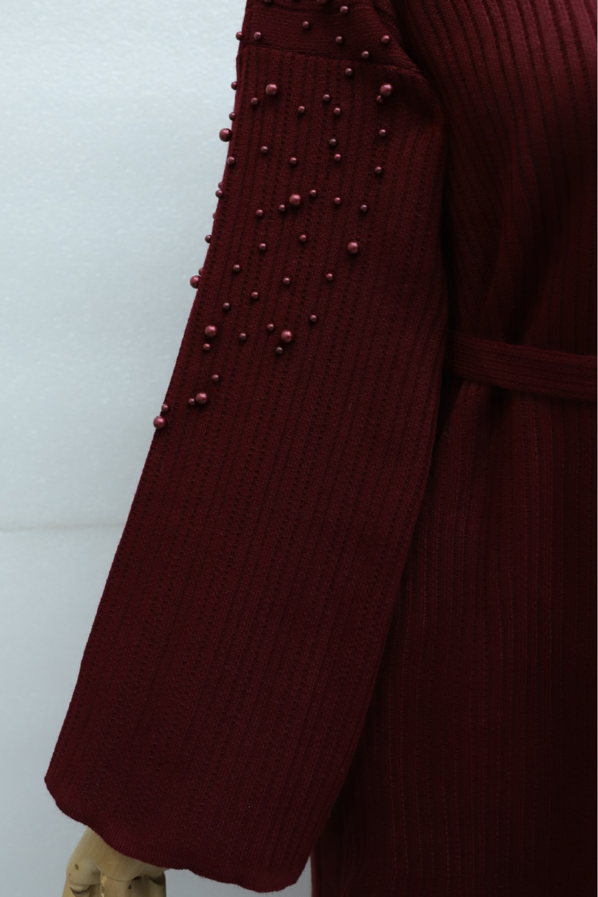 Ribbed Knit Dress with Belt and Scattered Pearls on the Front -Maroon
