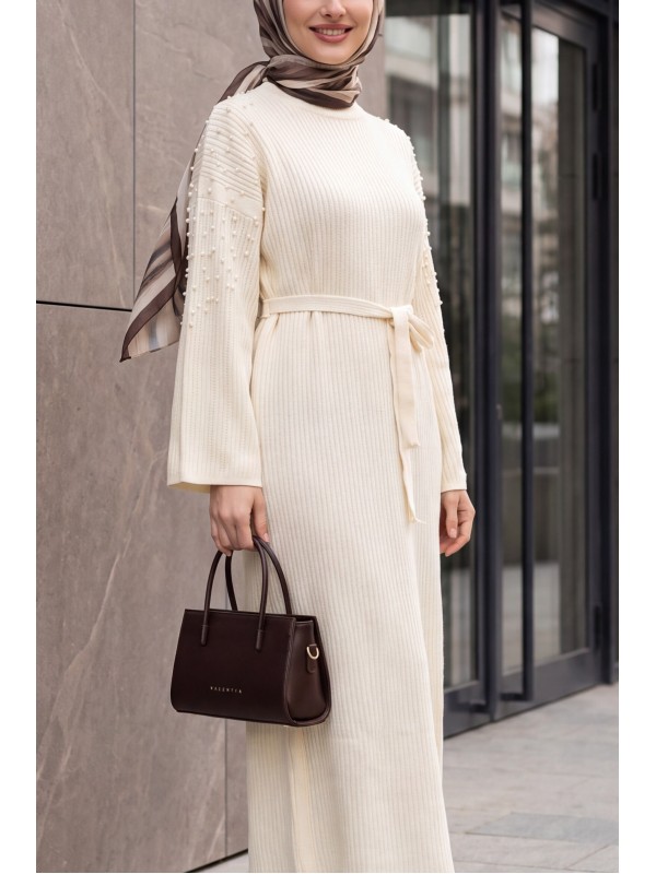 Ribbed Knit Dress with Belt and Scattered Pearls on the Front -Ecru