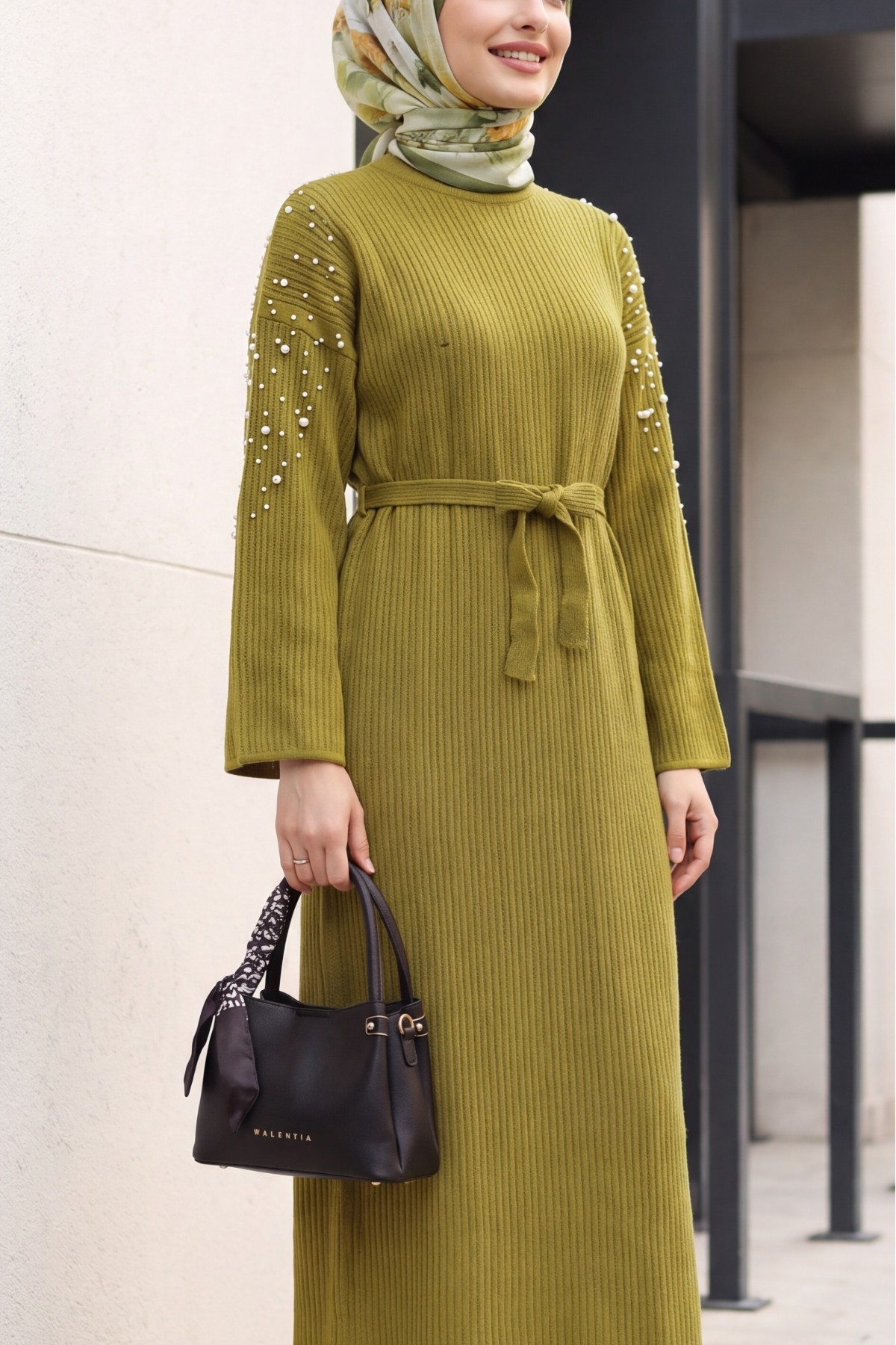 Ribbed Knit Dress with Belt and Scattered Pearls on the Front -Oil Green