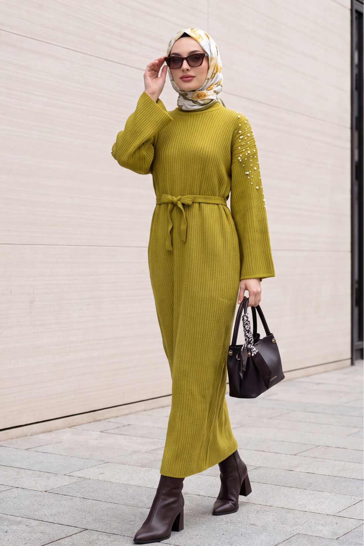Ribbed Knit Dress with Belt and Scattered Pearls on the Front -Oil Green