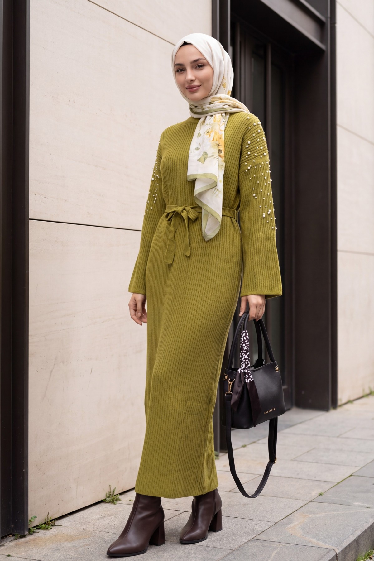 Ribbed Knit Dress with Belt and Scattered Pearls on the Front -Oil Green