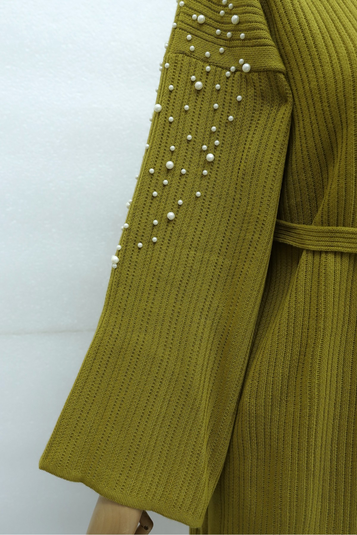 Ribbed Knit Dress with Belt and Scattered Pearls on the Front -Oil Green