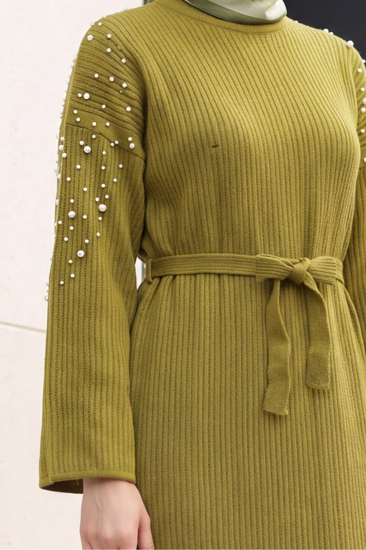 Ribbed Knit Dress with Belt and Scattered Pearls on the Front -Oil Green