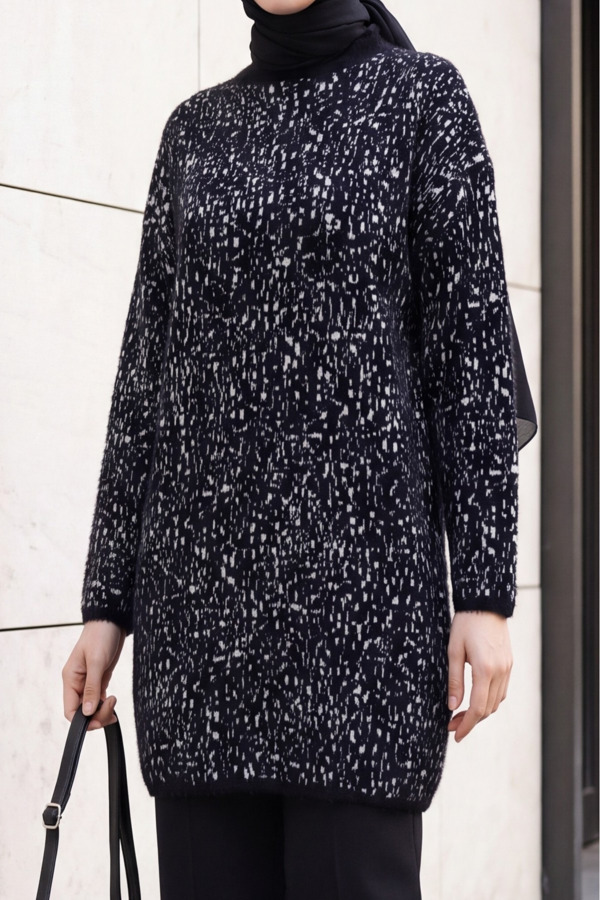 Mock-Neck Patterned Textured Knit Tunic -Black