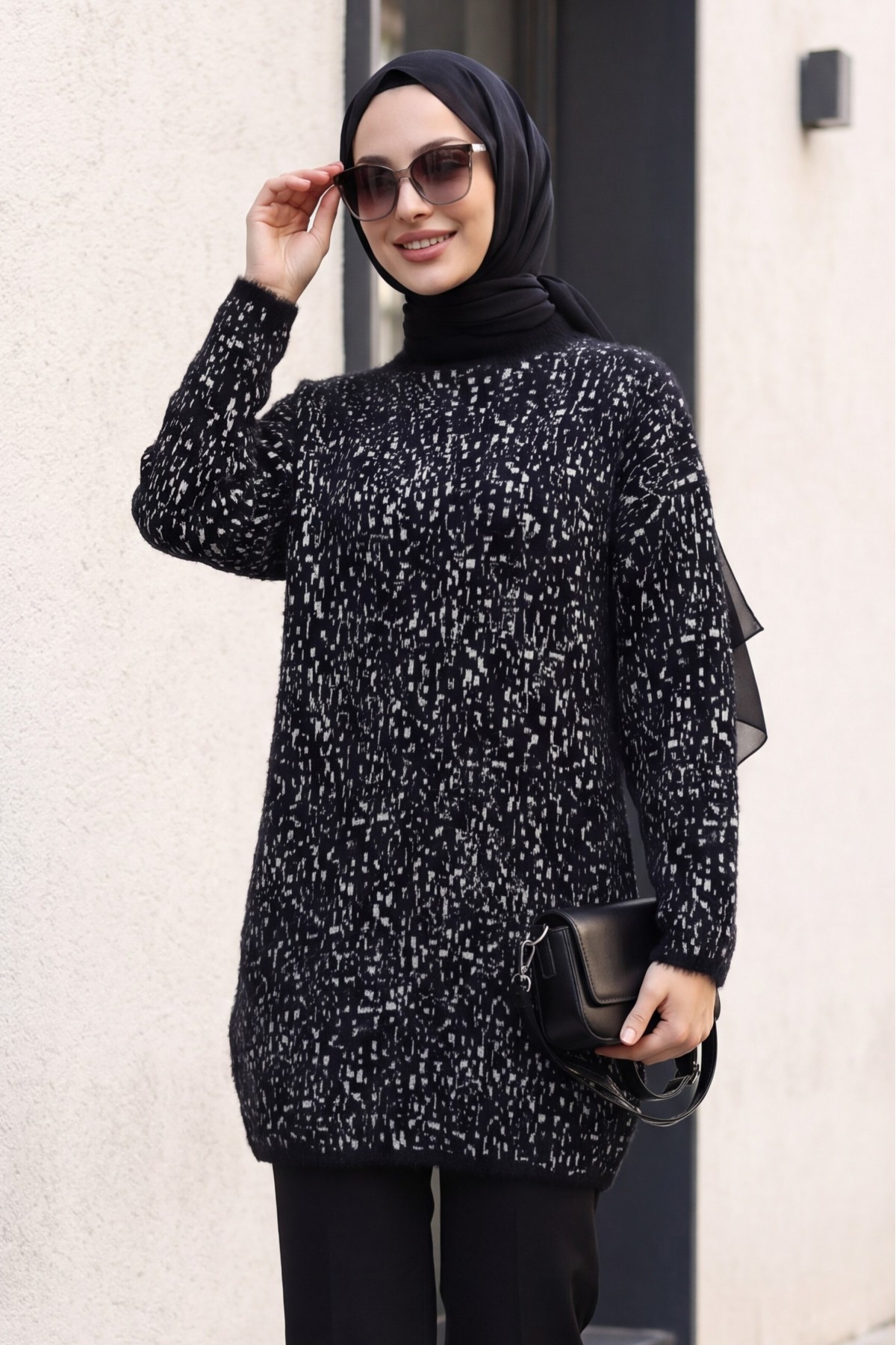 Mock-Neck Patterned Textured Knit Tunic -Black