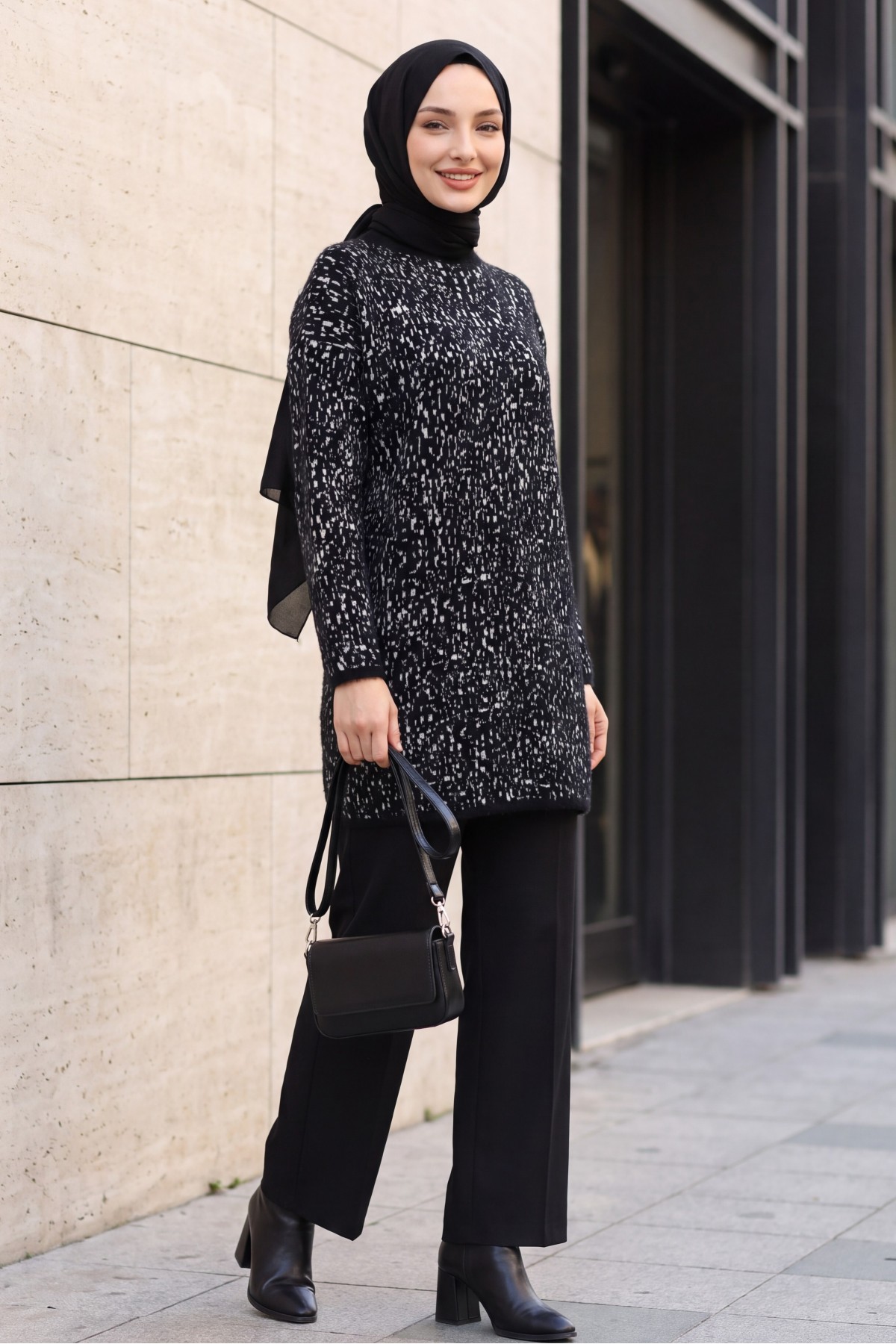 Mock-Neck Patterned Textured Knit Tunic -Black