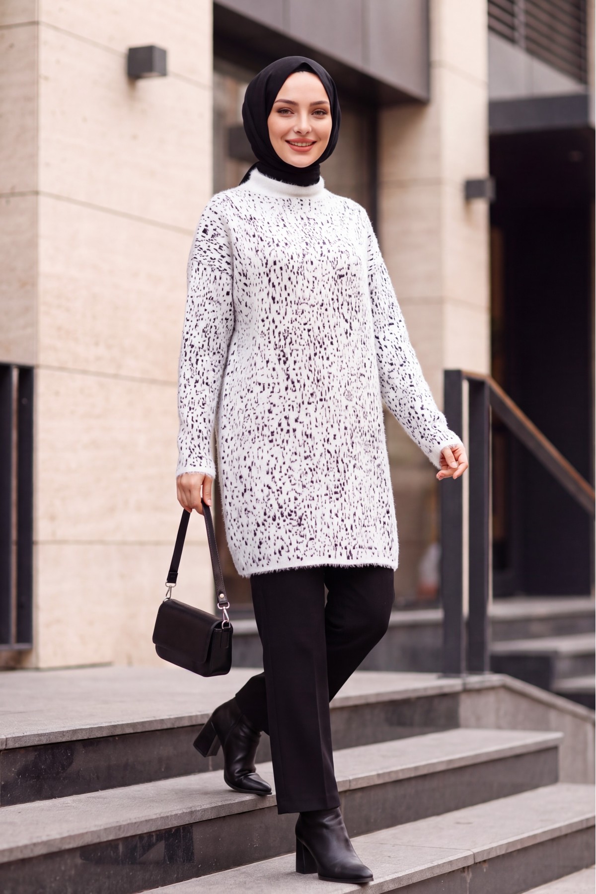 Mock-Neck Patterned Textured Knit Tunic -White