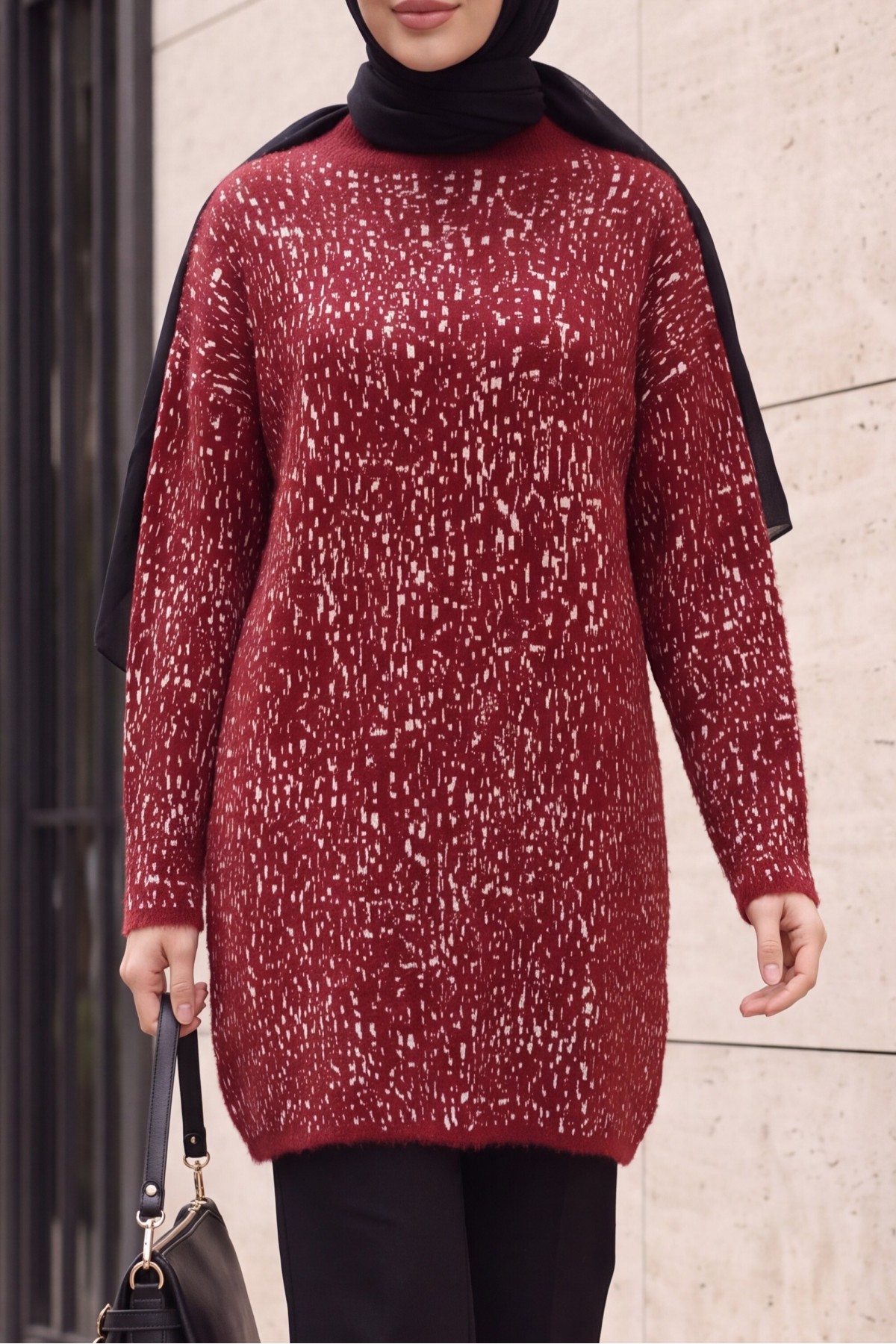 Mock-Neck Patterned Textured Knit Tunic -Maroon