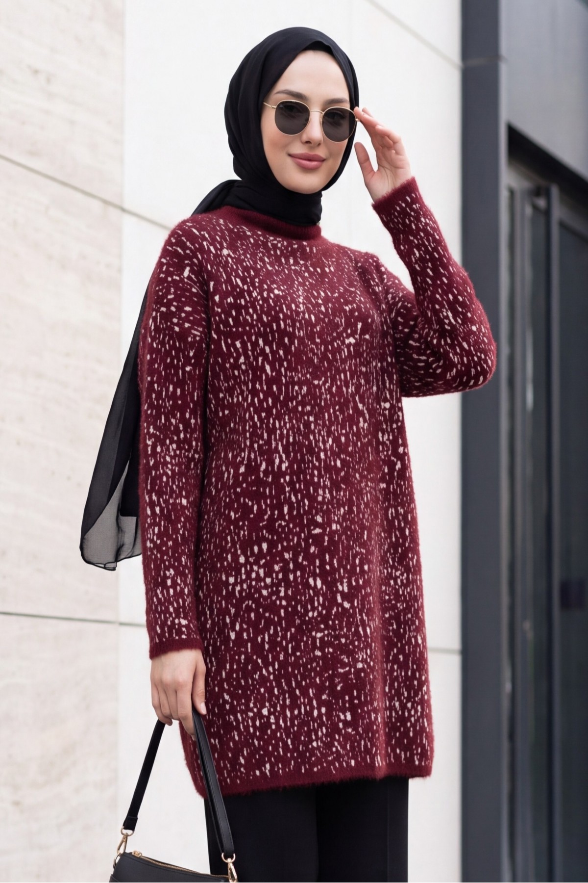 Mock-Neck Patterned Textured Knit Tunic -Maroon