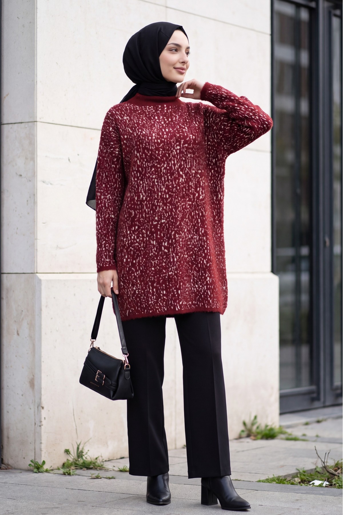 Mock-Neck Patterned Textured Knit Tunic -Maroon