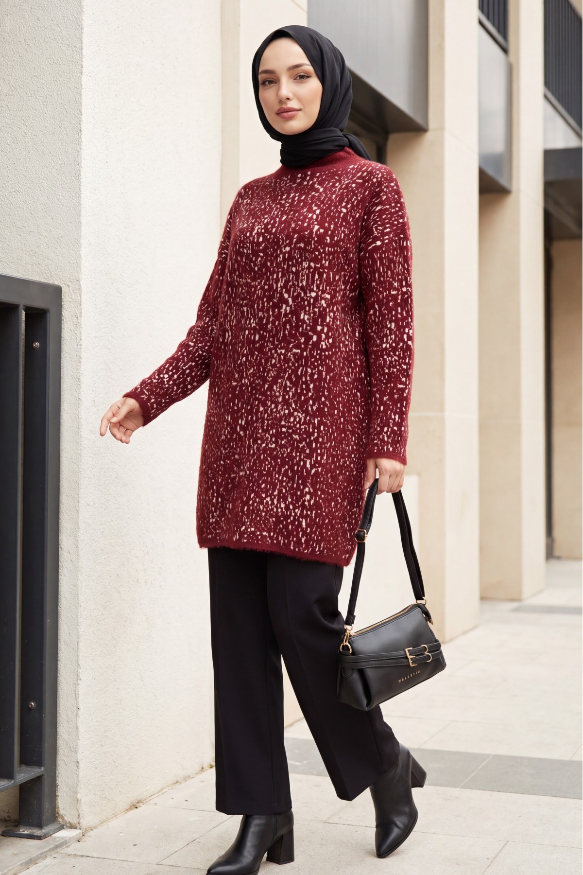 Mock-Neck Patterned Textured Knit Tunic -Maroon