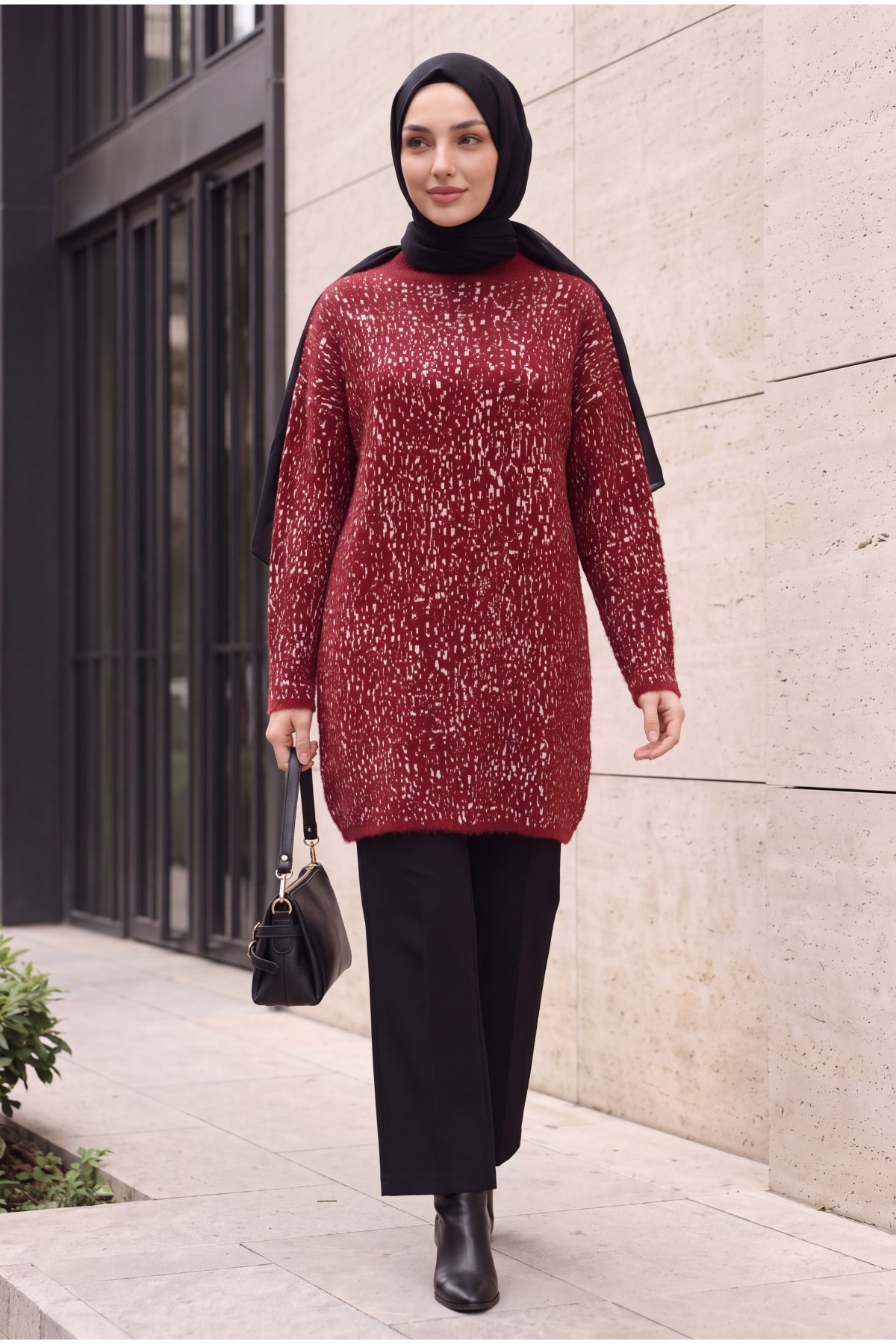 Mock-Neck Patterned Textured Knit Tunic -Maroon