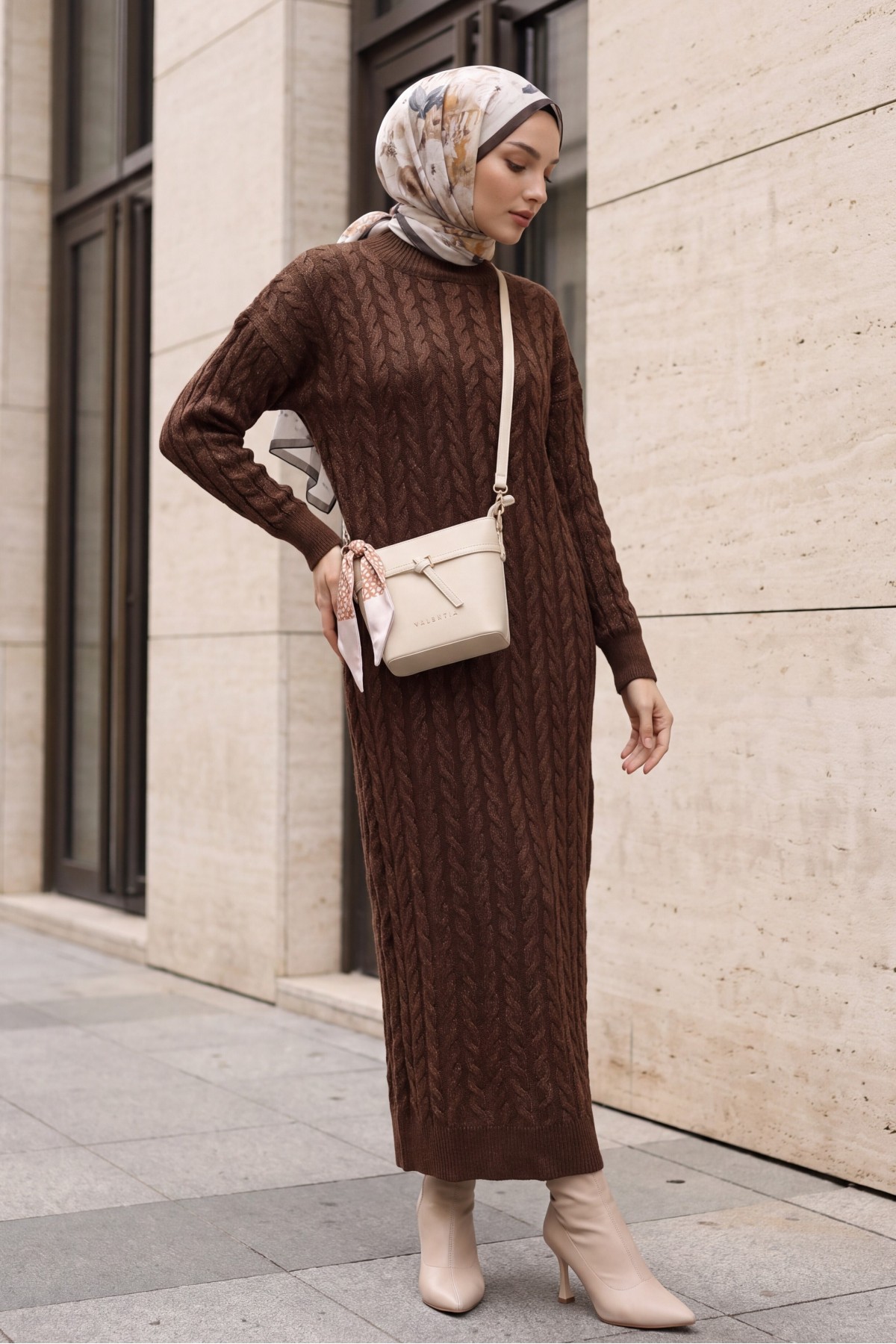 Metallic Knit Dress with Basket-Weave Pattern -Brown
