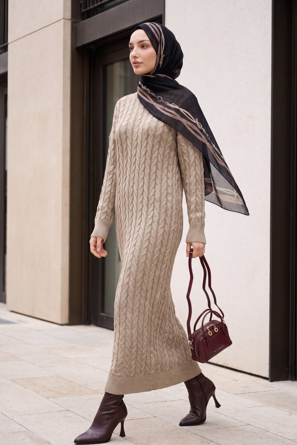 Metallic Knit Dress with Basket-Weave Pattern -Mink color