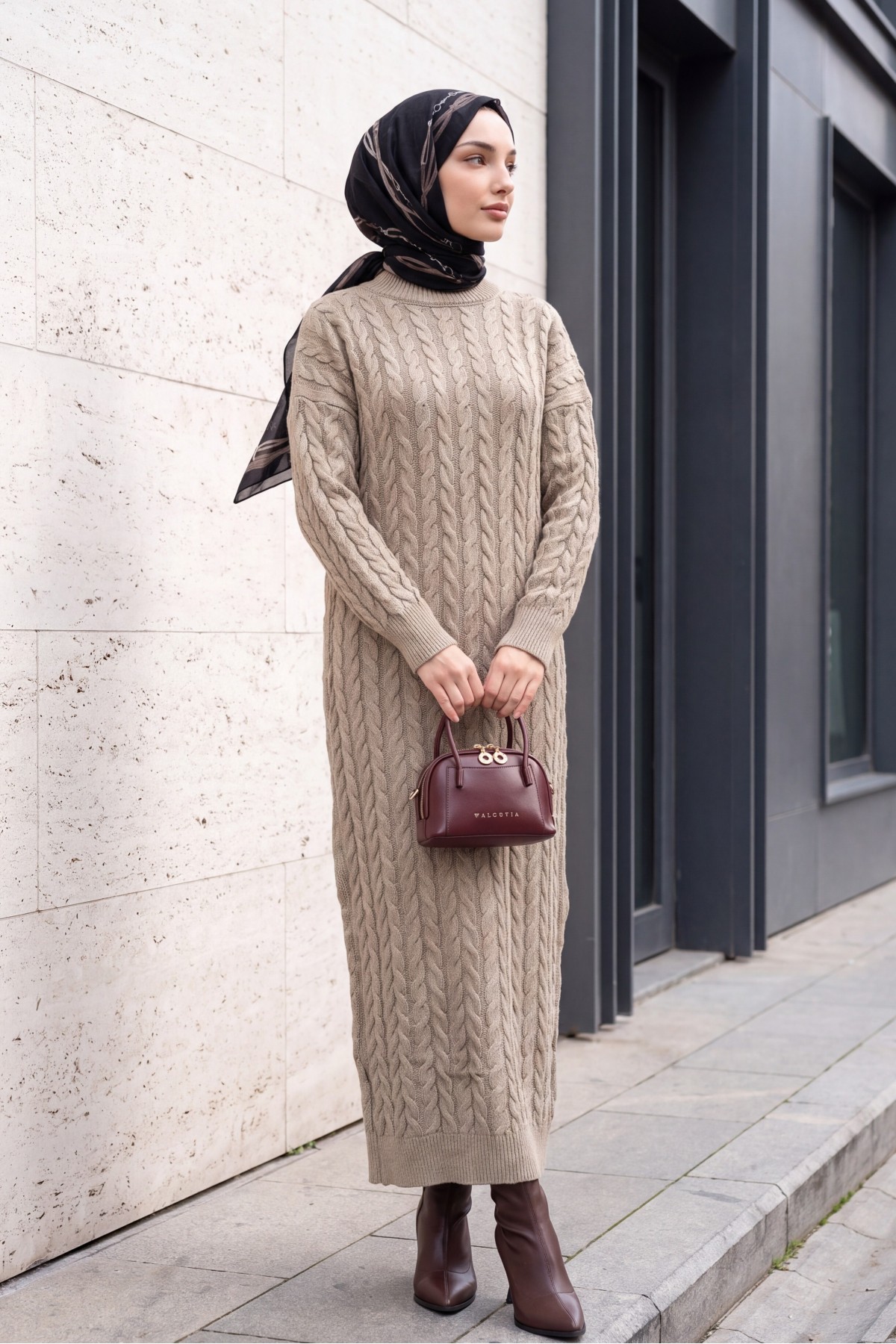 Metallic Knit Dress with Basket-Weave Pattern -Mink color