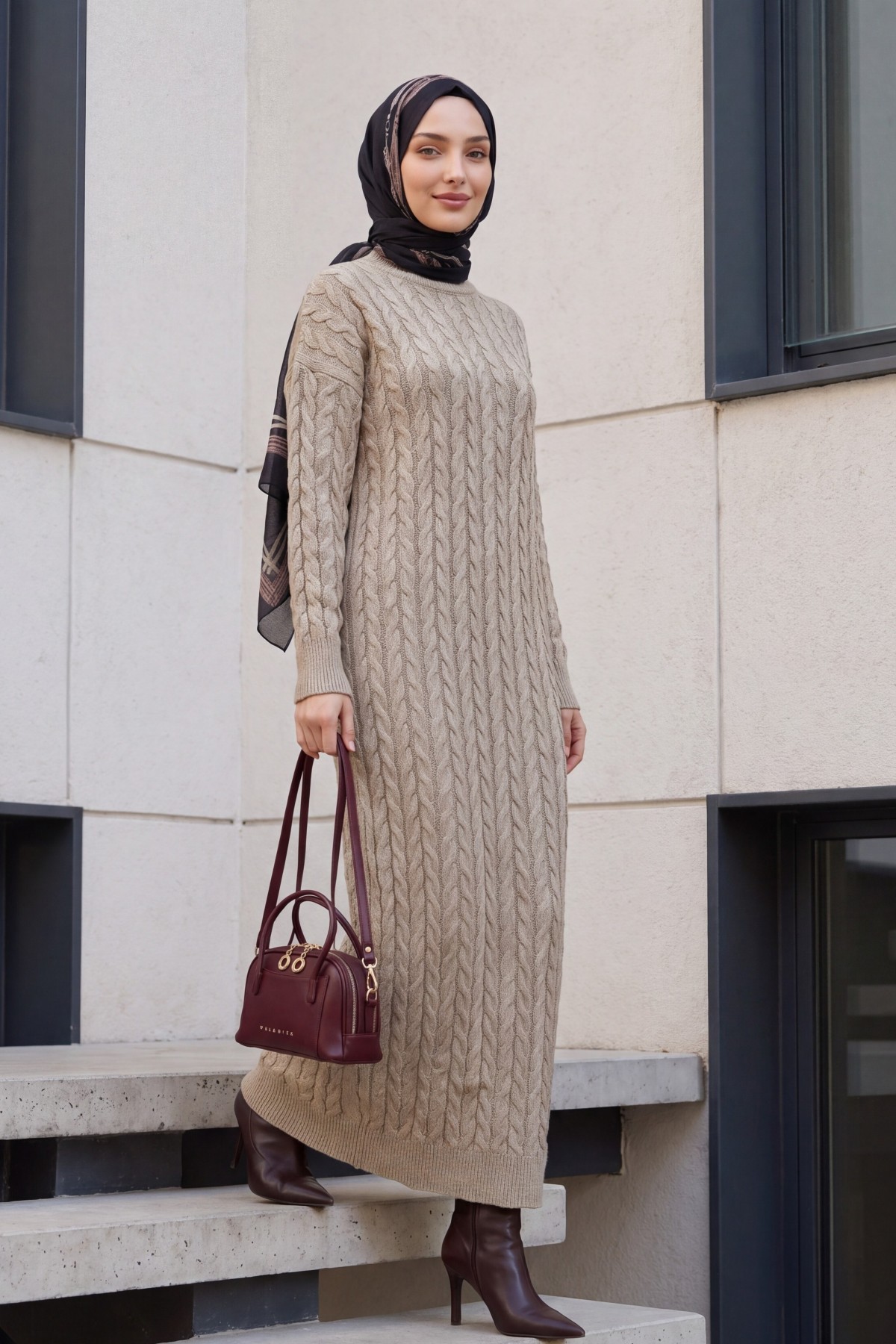 Metallic Knit Dress with Basket-Weave Pattern -Mink color