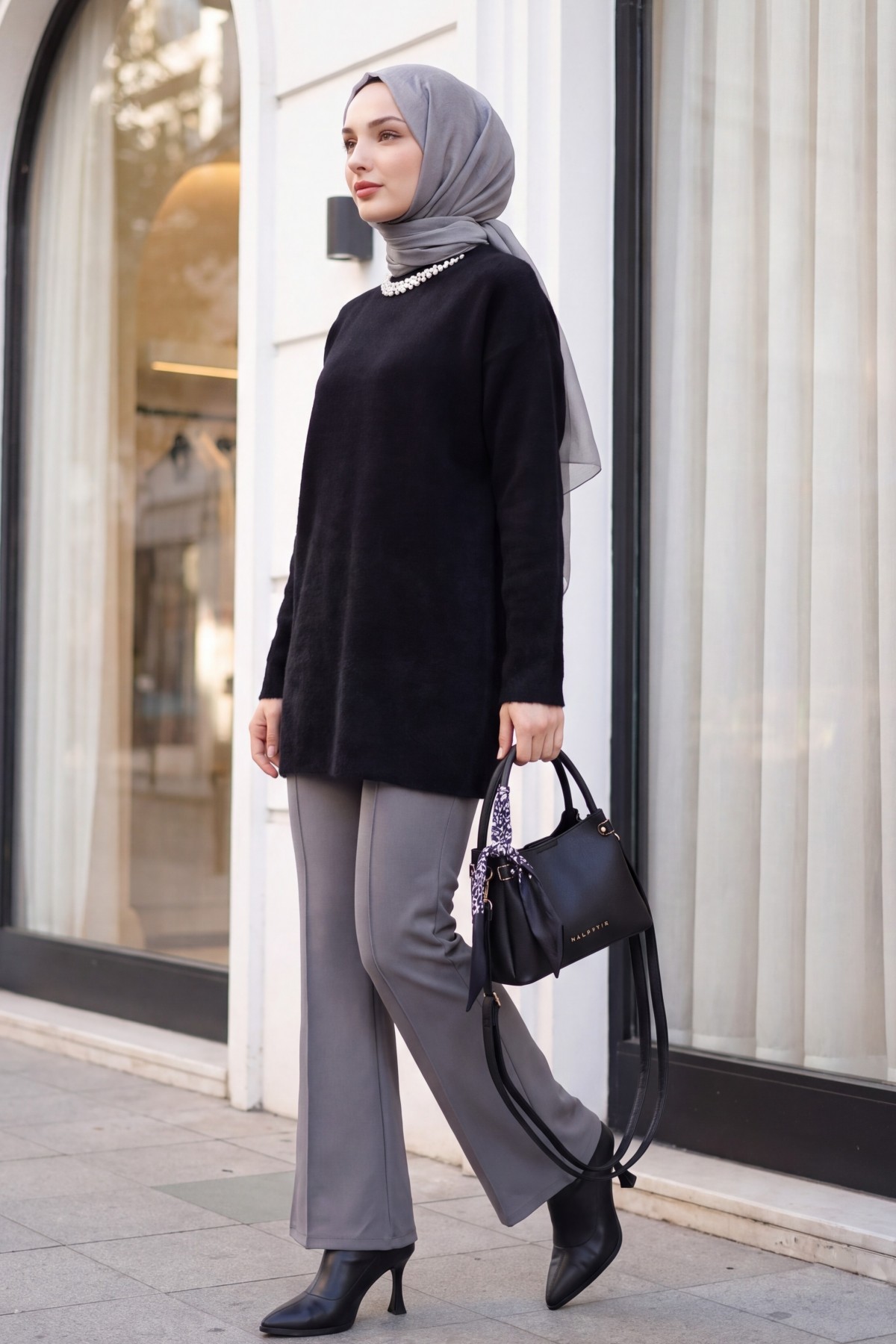 Fuzzy Knit Tunic with Pearl Detail on the Collar -Black