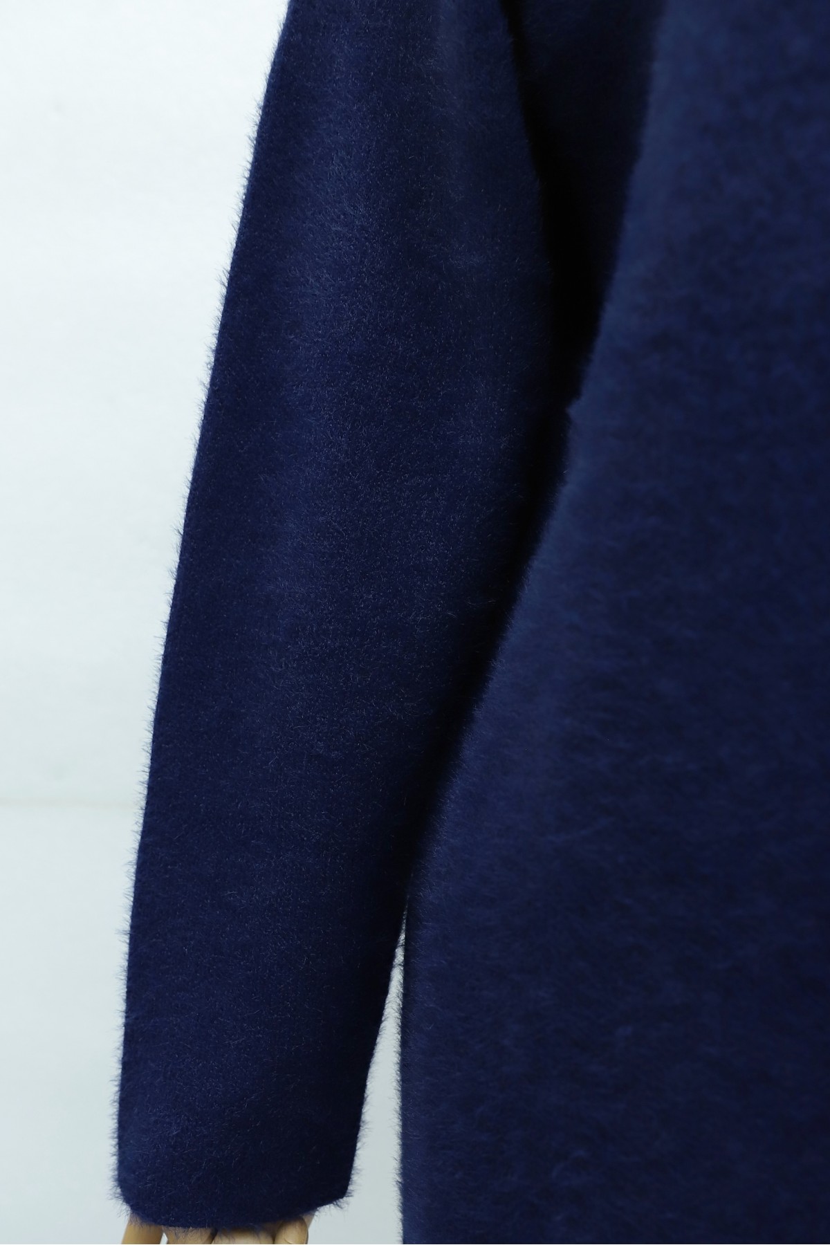 Fuzzy Knit Tunic with Pearl Detail on the Collar -Navy blue