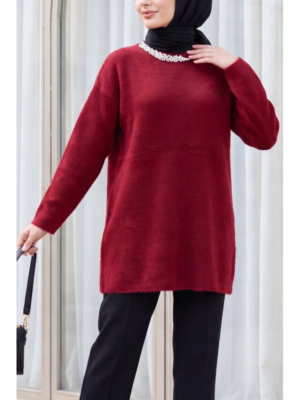 Yakası İnci Detaylı Yumoş Triko Tunik  -Bordo