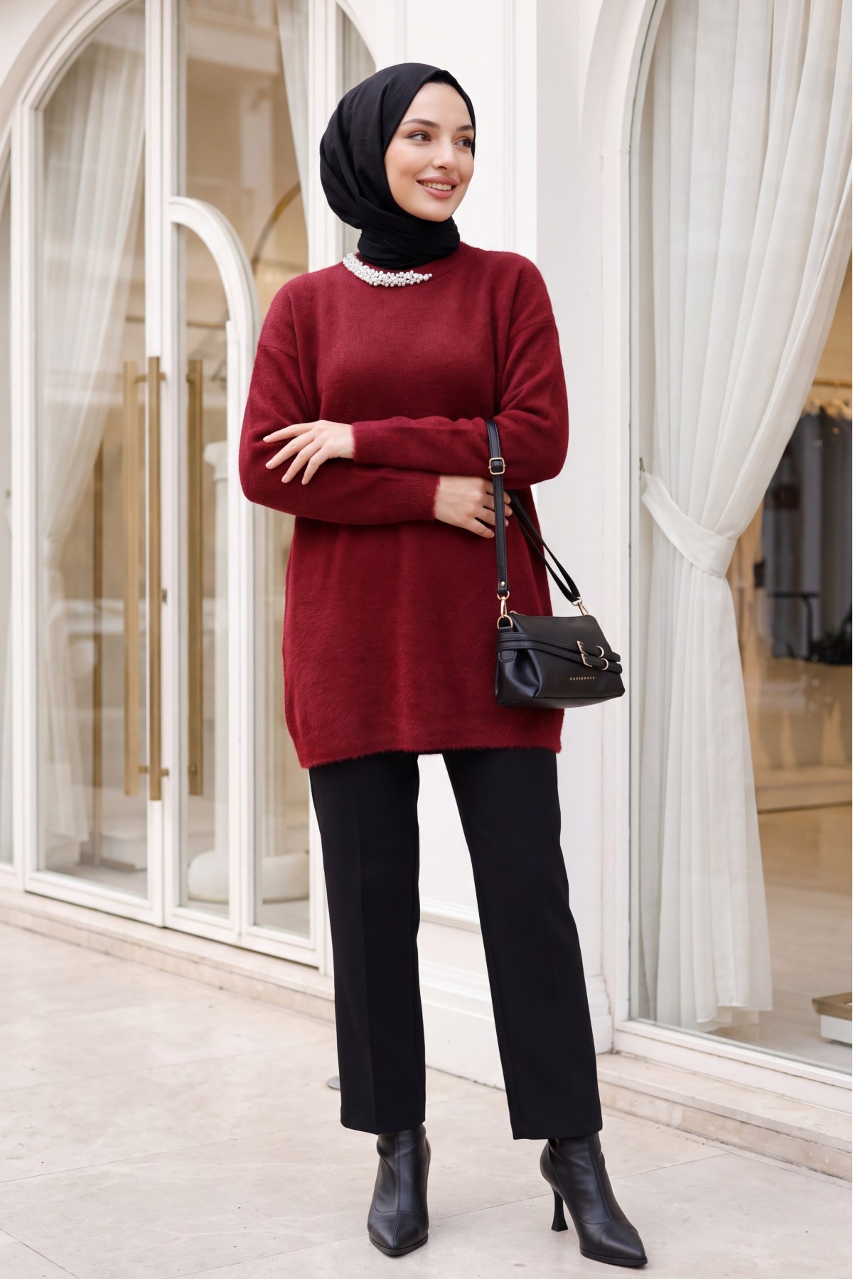 Fuzzy Knit Tunic with Pearl Detail on the Collar -Maroon