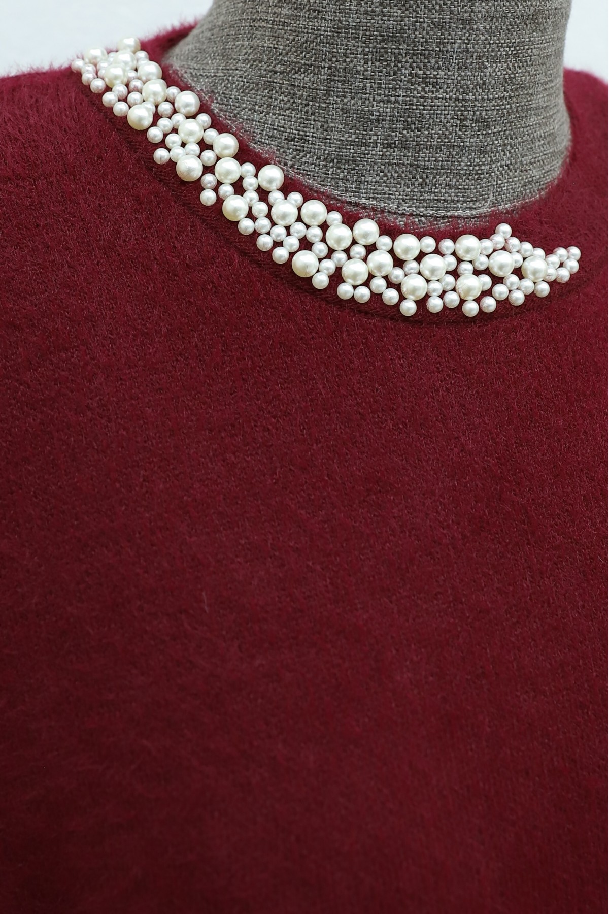 Fuzzy Knit Tunic with Pearl Detail on the Collar -Maroon