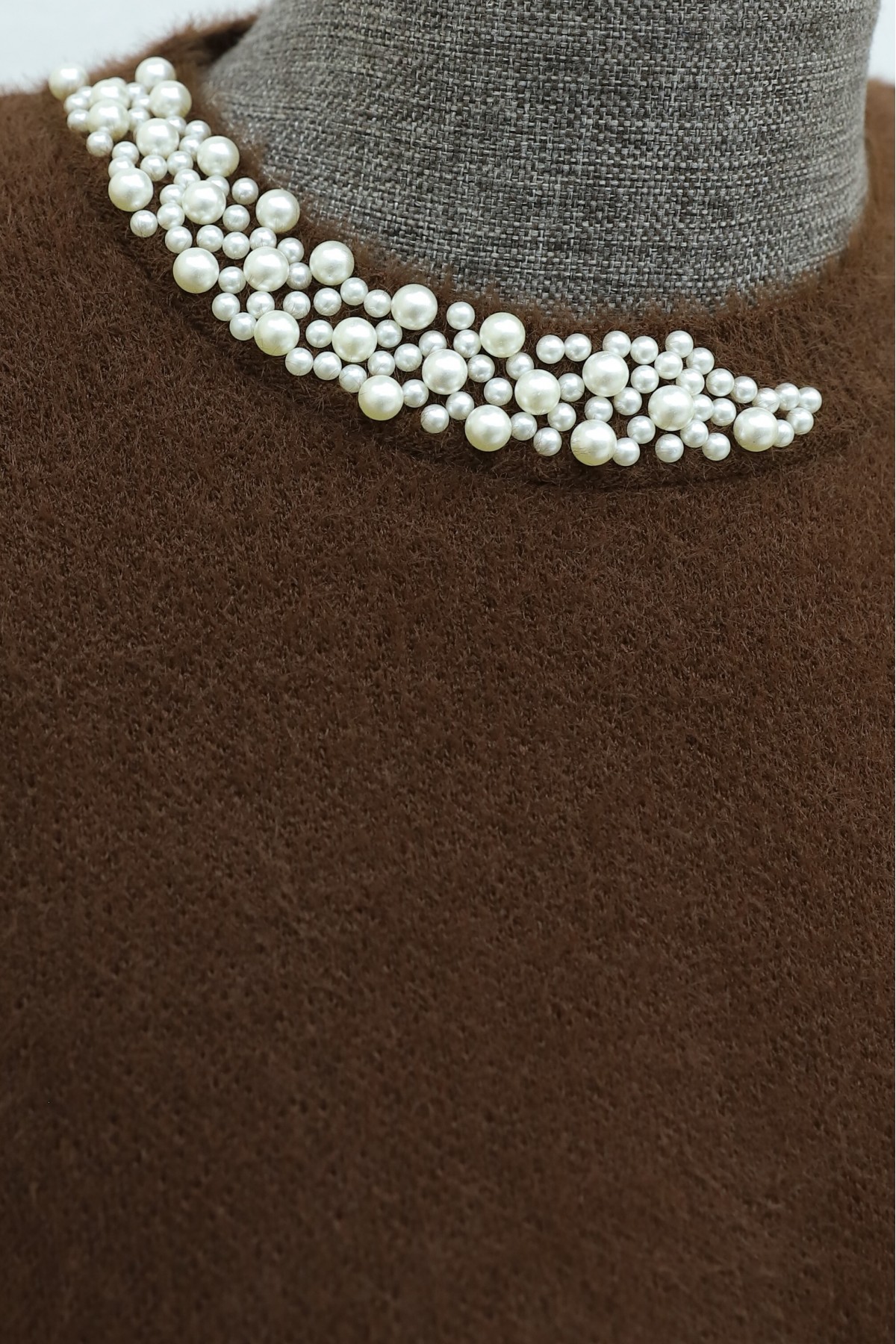 Fuzzy Knit Tunic with Pearl Detail on the Collar -Brown